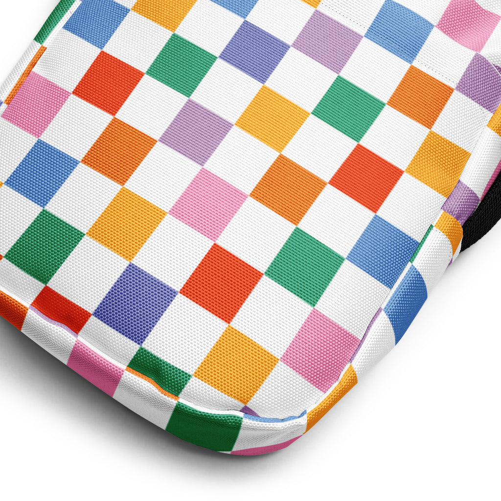 Rainbow Checkered Crossbody Bag – Water Resistant Mini Purse With Adjustable Strap & Pockets