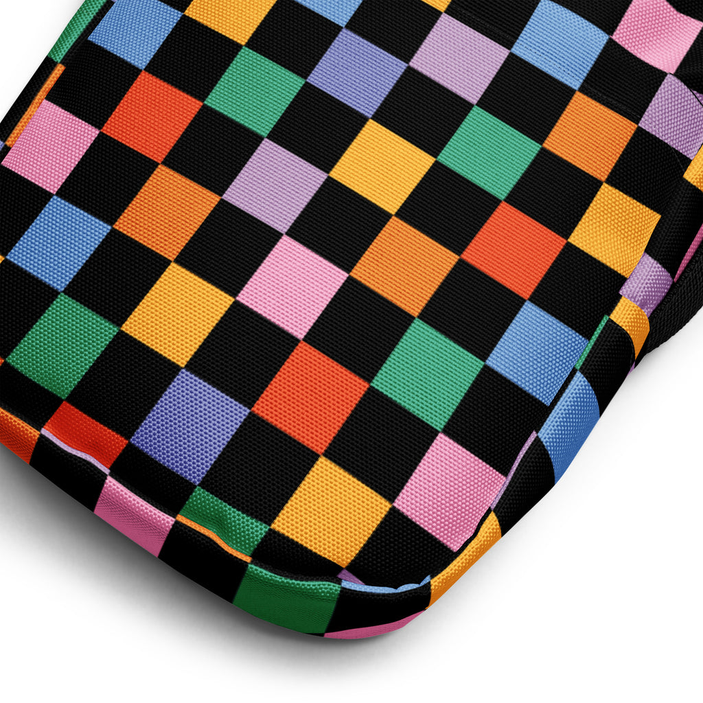 Black Rainbow Checkered Crossbody Bag – Water Resistant Mini Purse With Adjustable Strap & Pockets