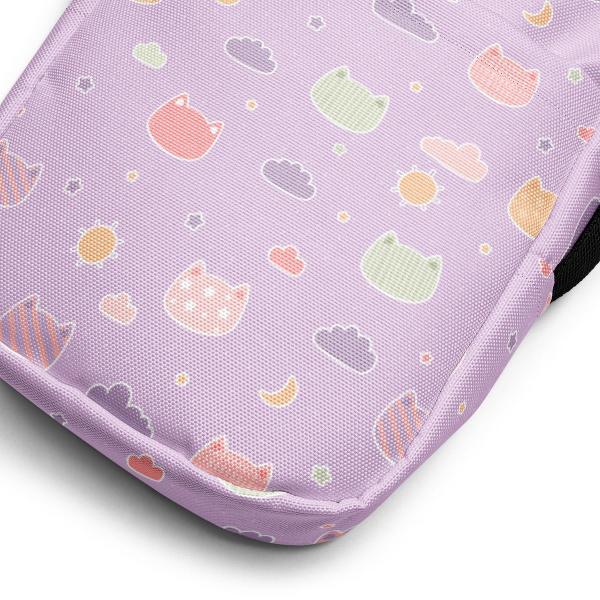 Pastel Purple Kawaii Cats & Clouds Crossbody Bag – Water Resistant Mini Purse With Adjustable Strap & Pockets