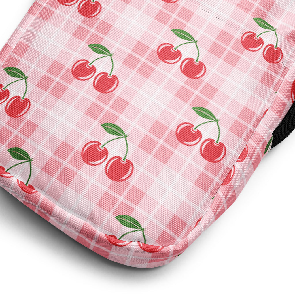 Pink Cherry Gingham Crossbody Bag – Water Resistant Mini Purse With Adjustable Strap & Pockets