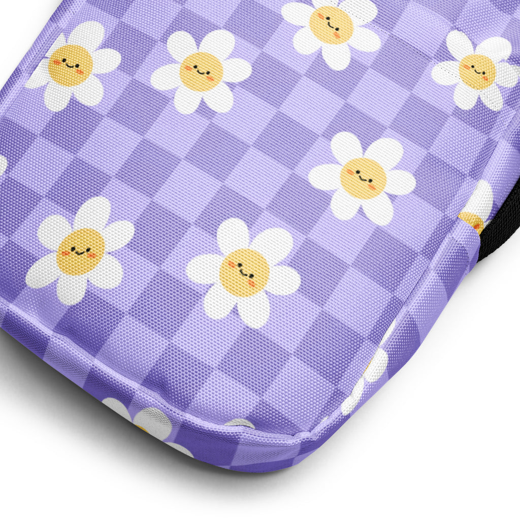 Purple Daisy Checkered Crossbody Bag – Water Resistant Mini Purse With Adjustable Strap & Pockets