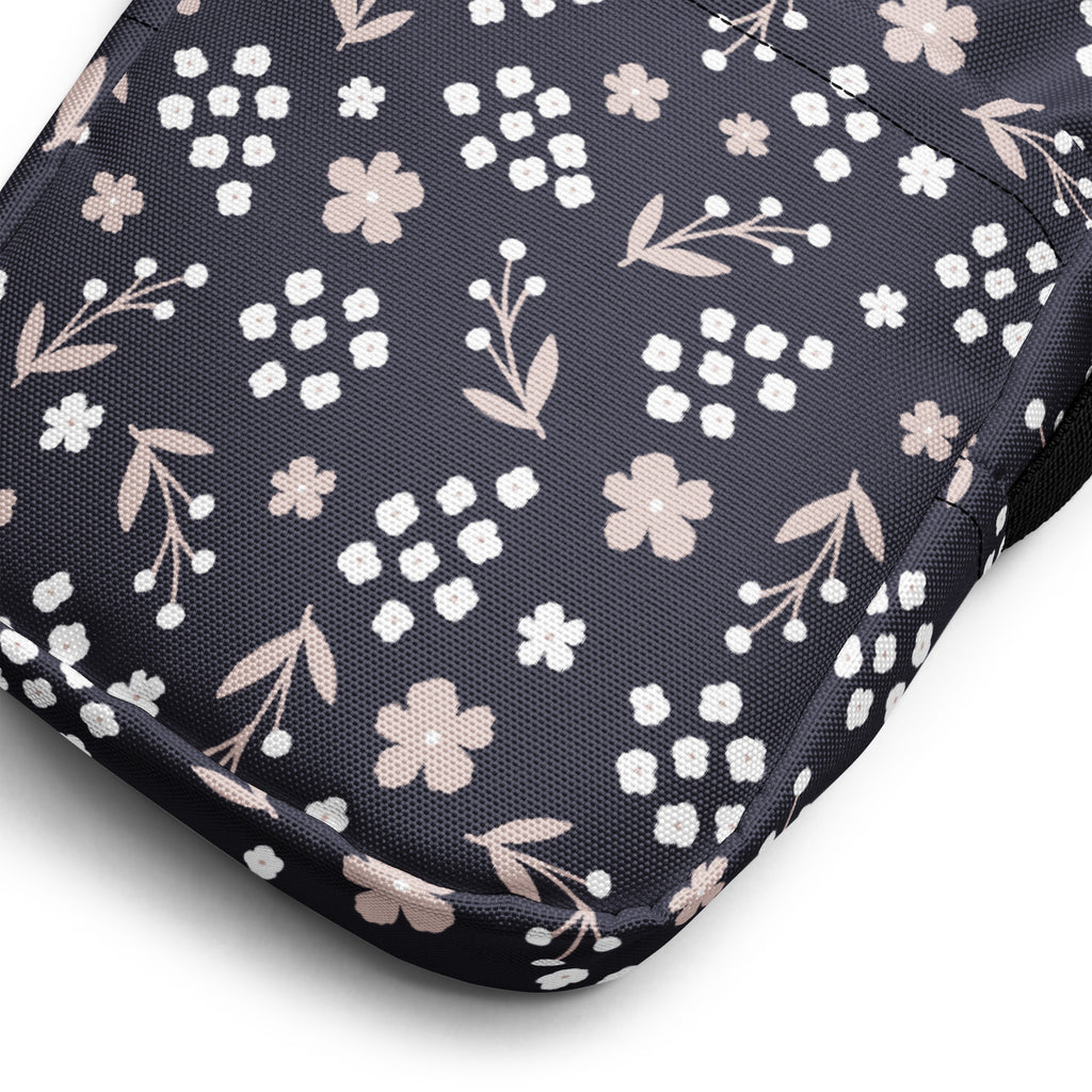 Charcoal Floral Crossbody Bag – Water Resistant Mini Purse With Adjustable Strap & Pockets