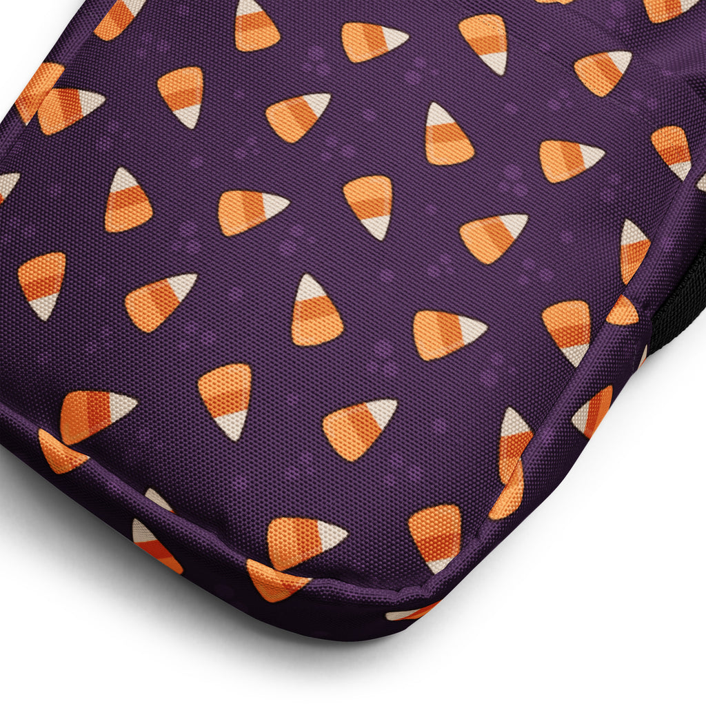 Purple Candy Corn Halloween Crossbody Bag – Water Resistant Mini Purse With Adjustable Strap & Pockets