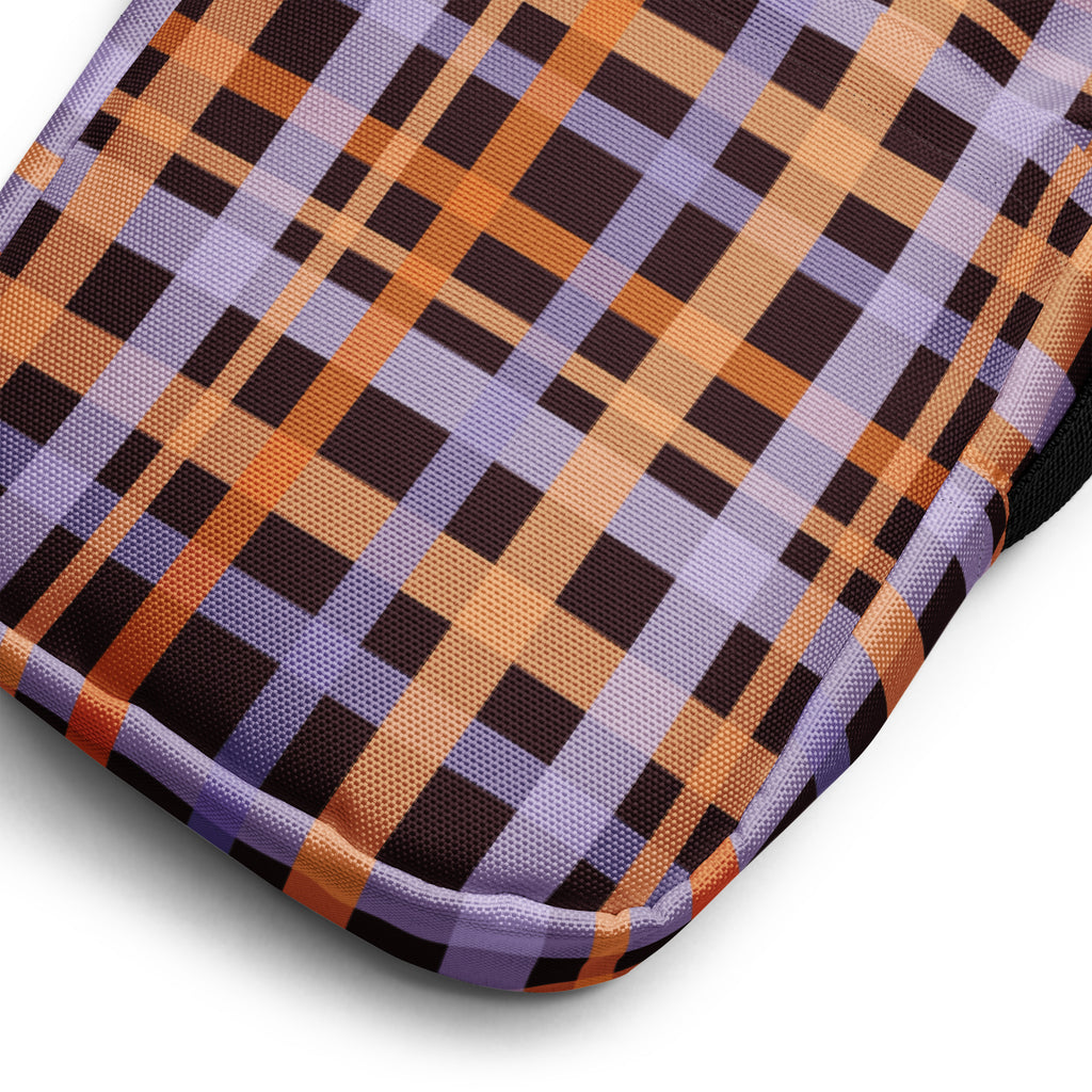 Orange & Purple Plaid Halloween Crossbody Bag – Water Resistant Mini Purse With Adjustable Strap & Pockets