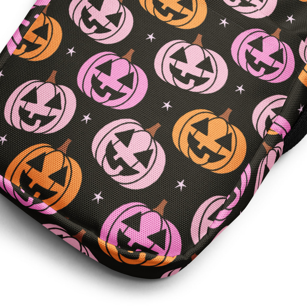 Pink & Orange Pumpkin Halloween Crossbody Bag – Water Resistant Mini Purse With Adjustable Strap & Pockets