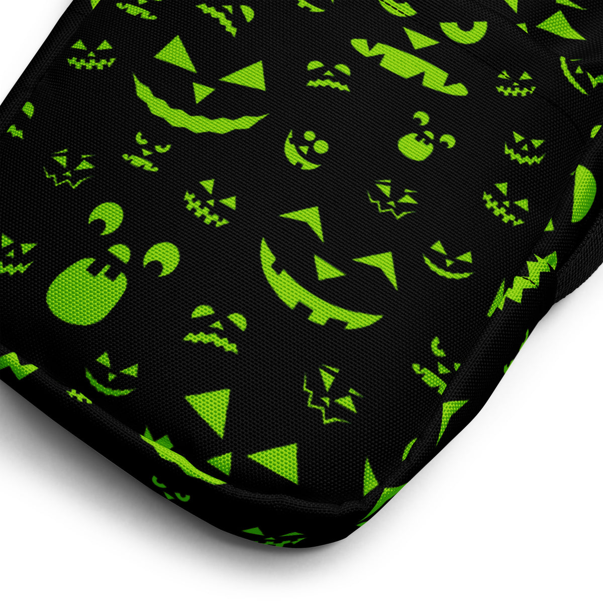 Green Jack O Lantern Faces Halloween Crossbody Bag – Water Resistant Mini Purse With Adjustable Strap & Pockets