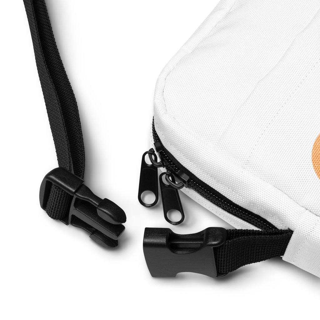 White quilted girl power kids crossbody purse with black zipper pulls and adjustable strap hardware