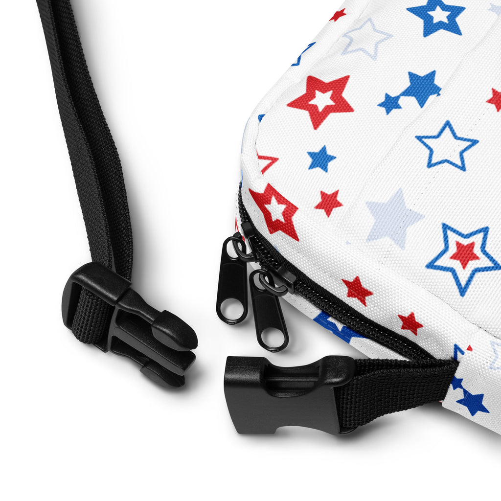 Girls red white and blue stars crossbody purse with white canvas material and black zipper pulls