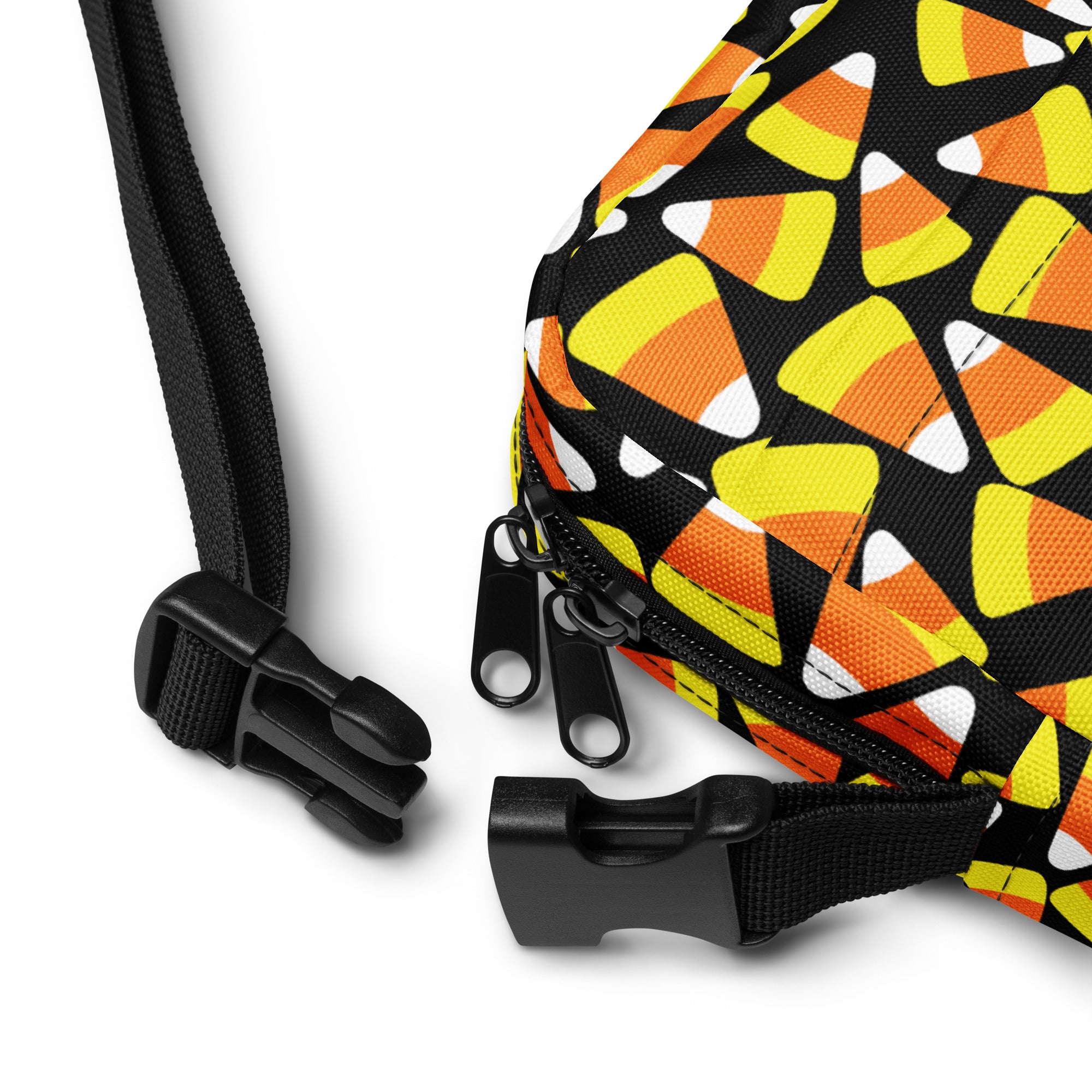 Girls candy corn Halloween crossbody purse with black fabric and orange yellow white candy corn pattern