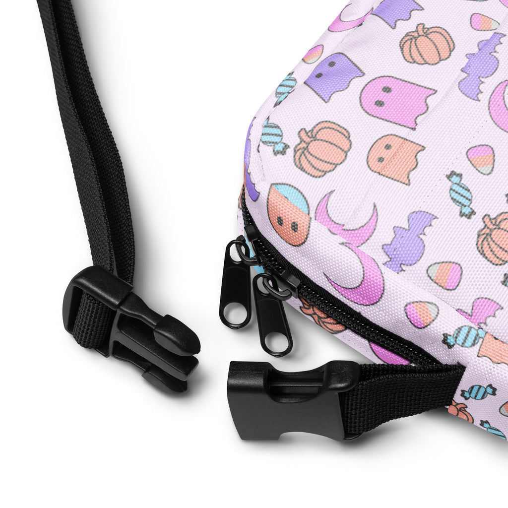 Girls ghost halloween crossbody purse in pastel light purple fabric with cute ghost pumpkin and candy illustrations