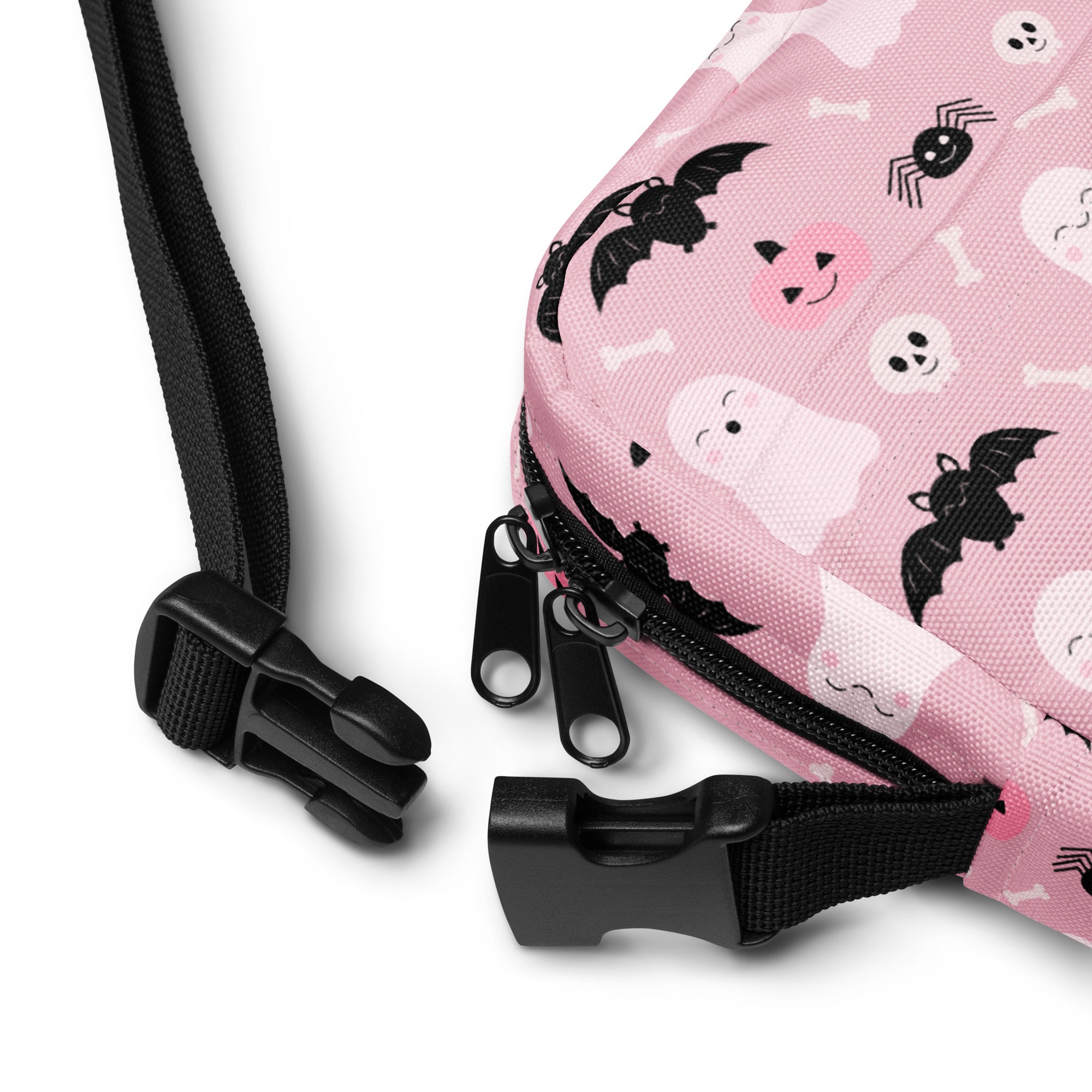 Girls cute ghost and bats pink halloween crossbody purse with black zippers and adjustable straps in synthetic material