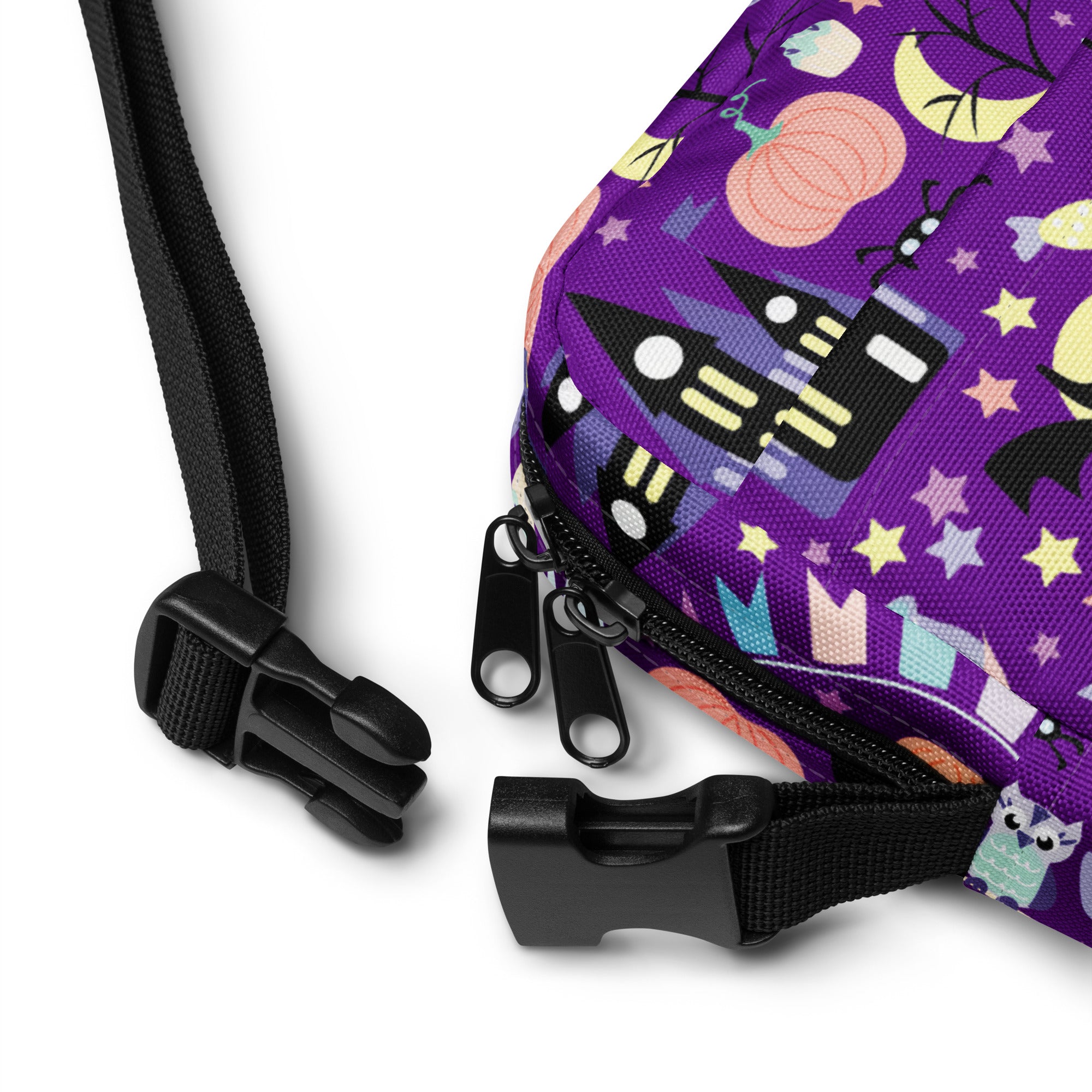 Purple girls spooky halloween crossbody purse with black zippers and adjustable strap for festive use