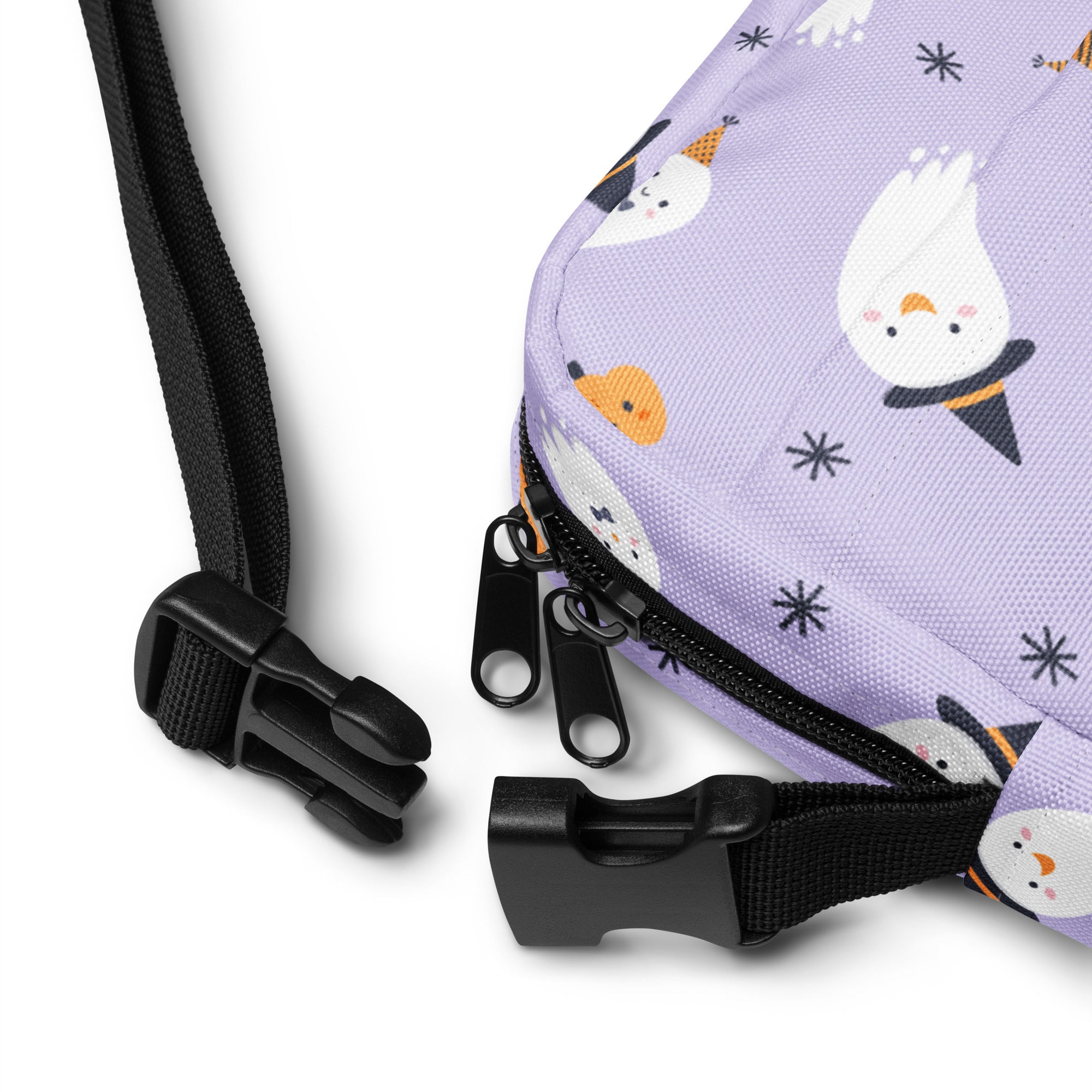 Lavender-colored fabric crossbody bag with cartoon ghosts and snowflakes for girls ghost witch halloween use