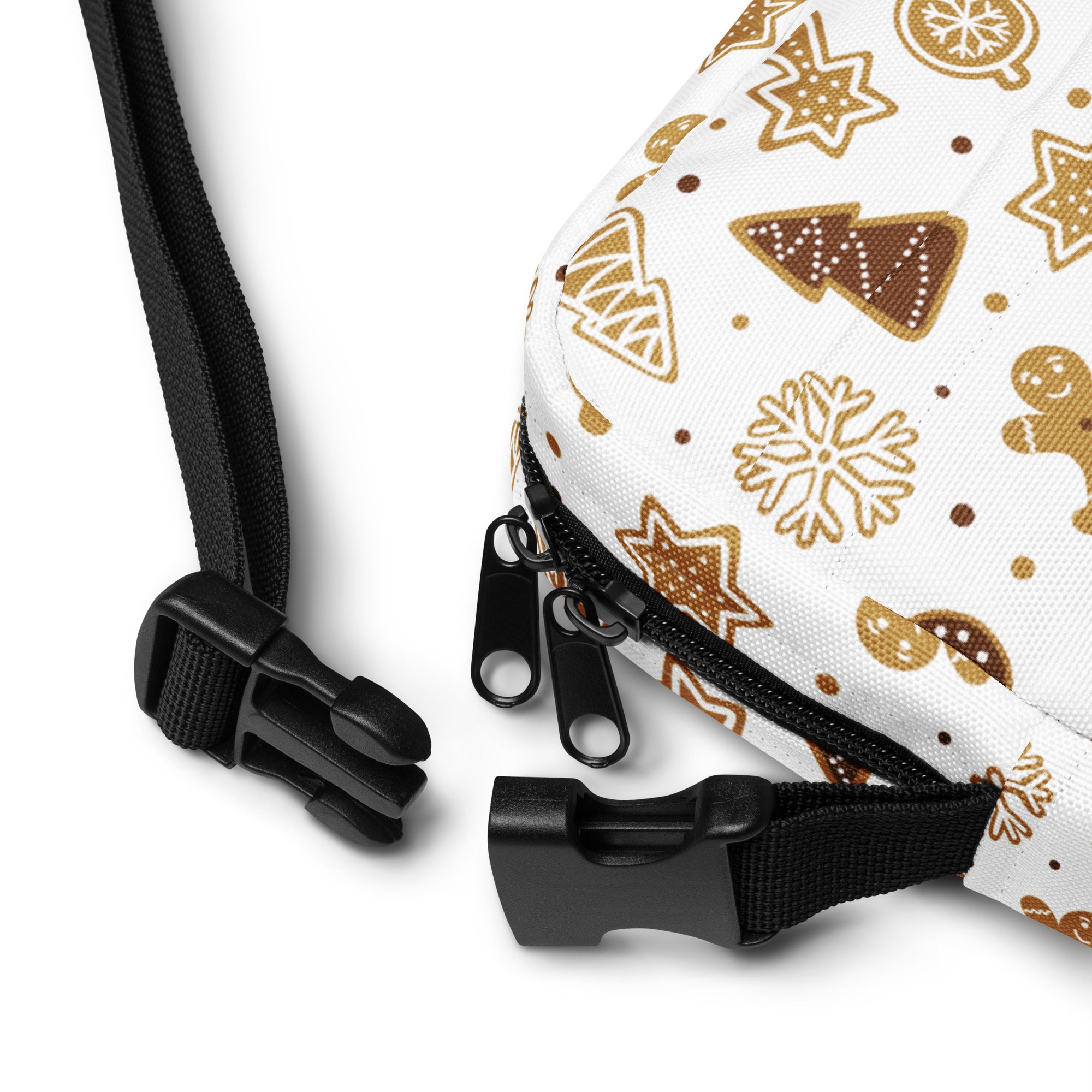White canvas kids gingerbread cookies christmas crossbody purse with gold and brown festive print and black adjustable straps