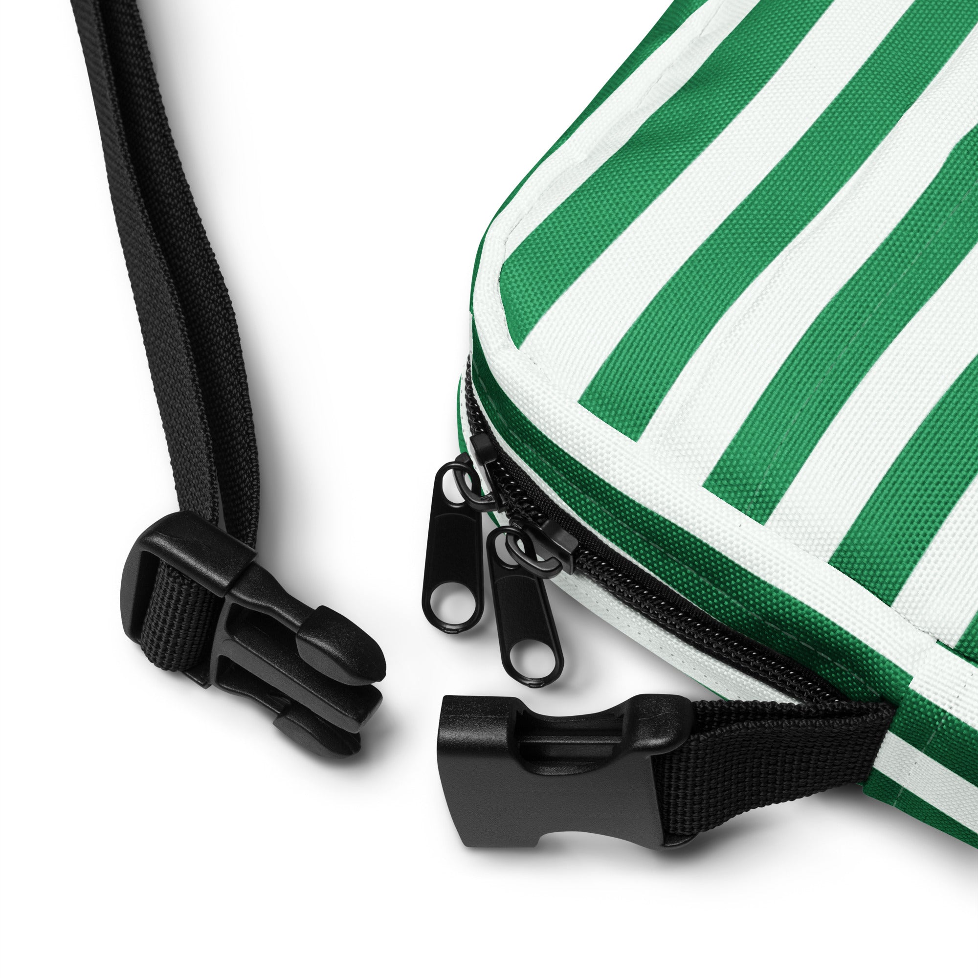 Girls green and white striped fabric crossbody purse with black zipper pulls and adjustable strap for everyday use