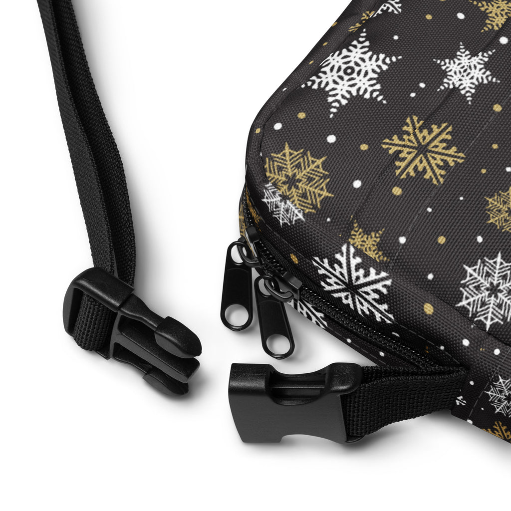 Girls black fabric crossbody purse with white and gold snowflake pattern and tiny festive dots
