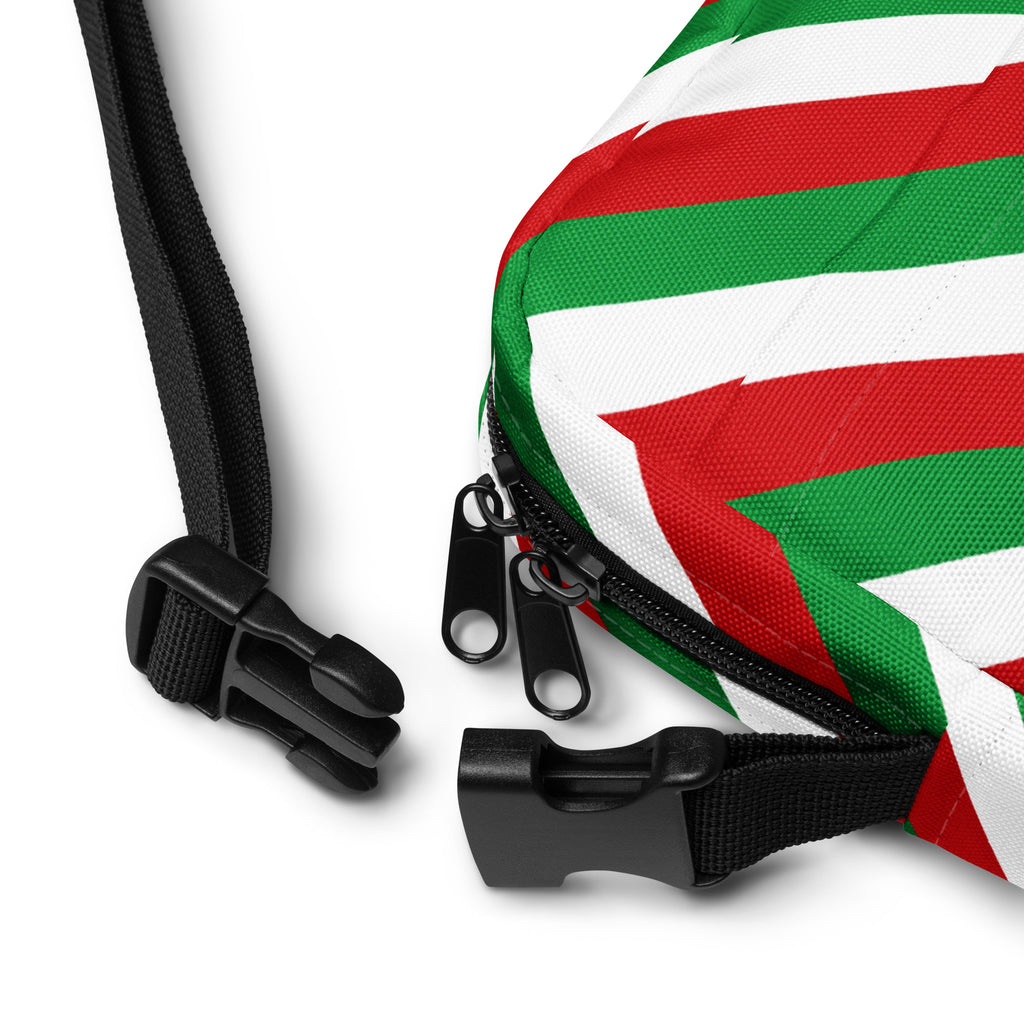Girls red green and white stripes crossbody purse made of canvas with black zipper pulls and adjustable straps
