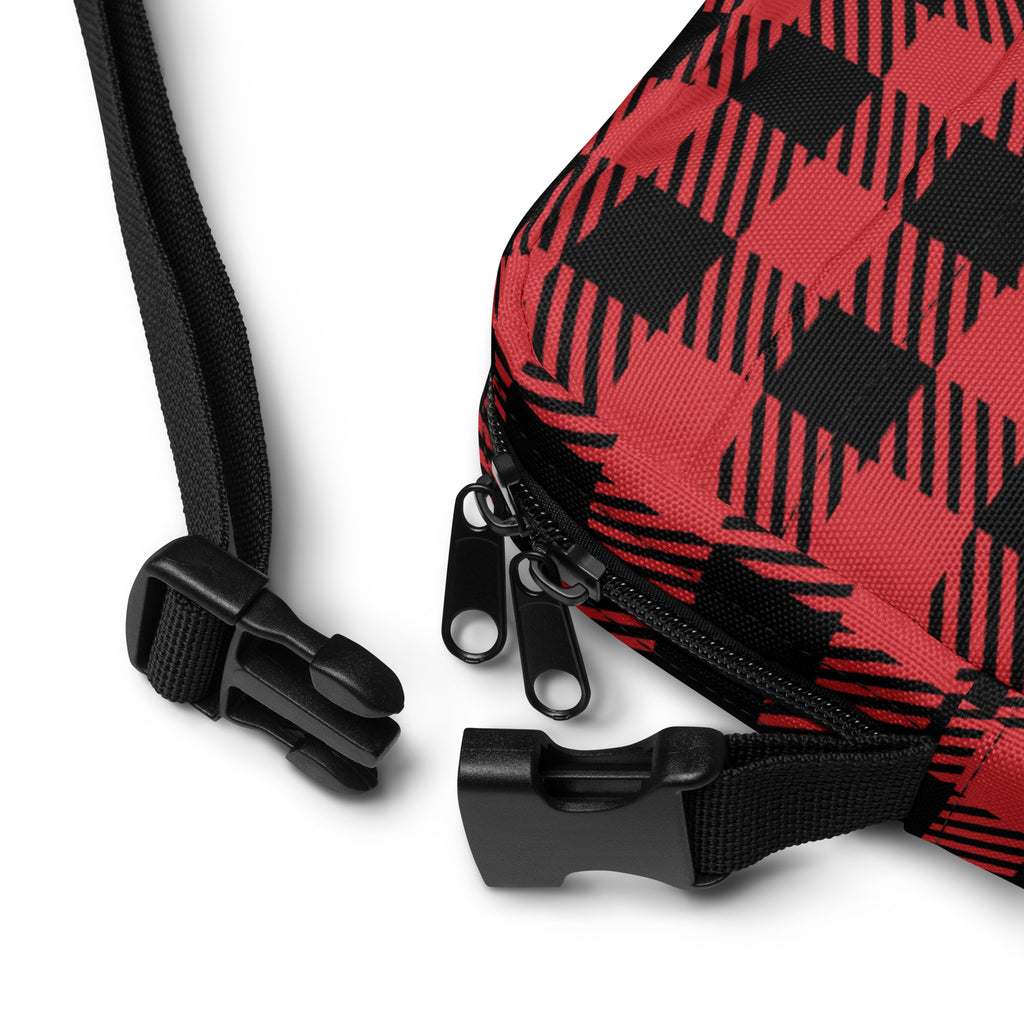 Girls red plaid Christmas crossbody purse with red and black plaid fabric, black zippers, and adjustable straps