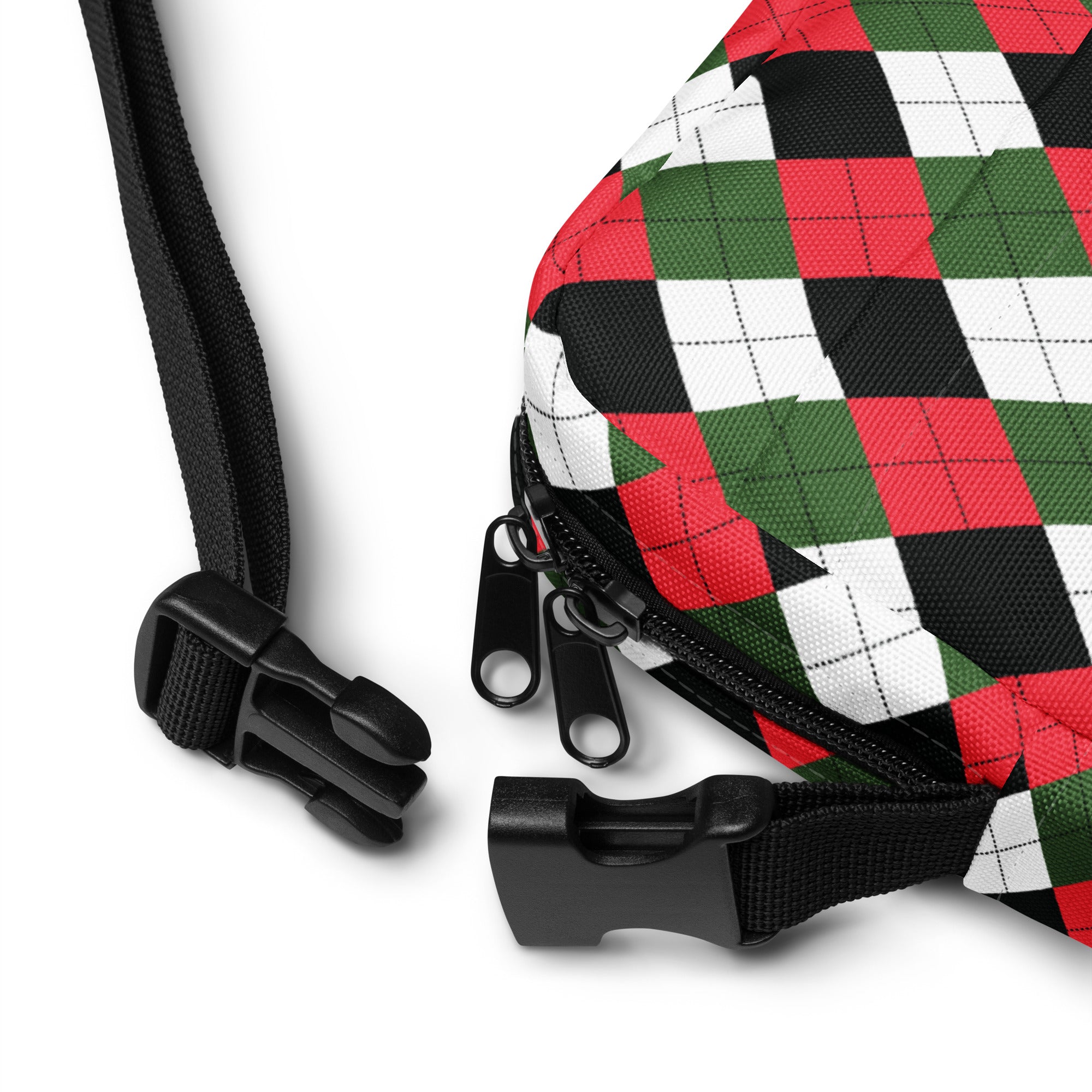 Christmas argyle women’s crossbody purse with festive red green black and white plaid fabric and adjustable strap buckles
