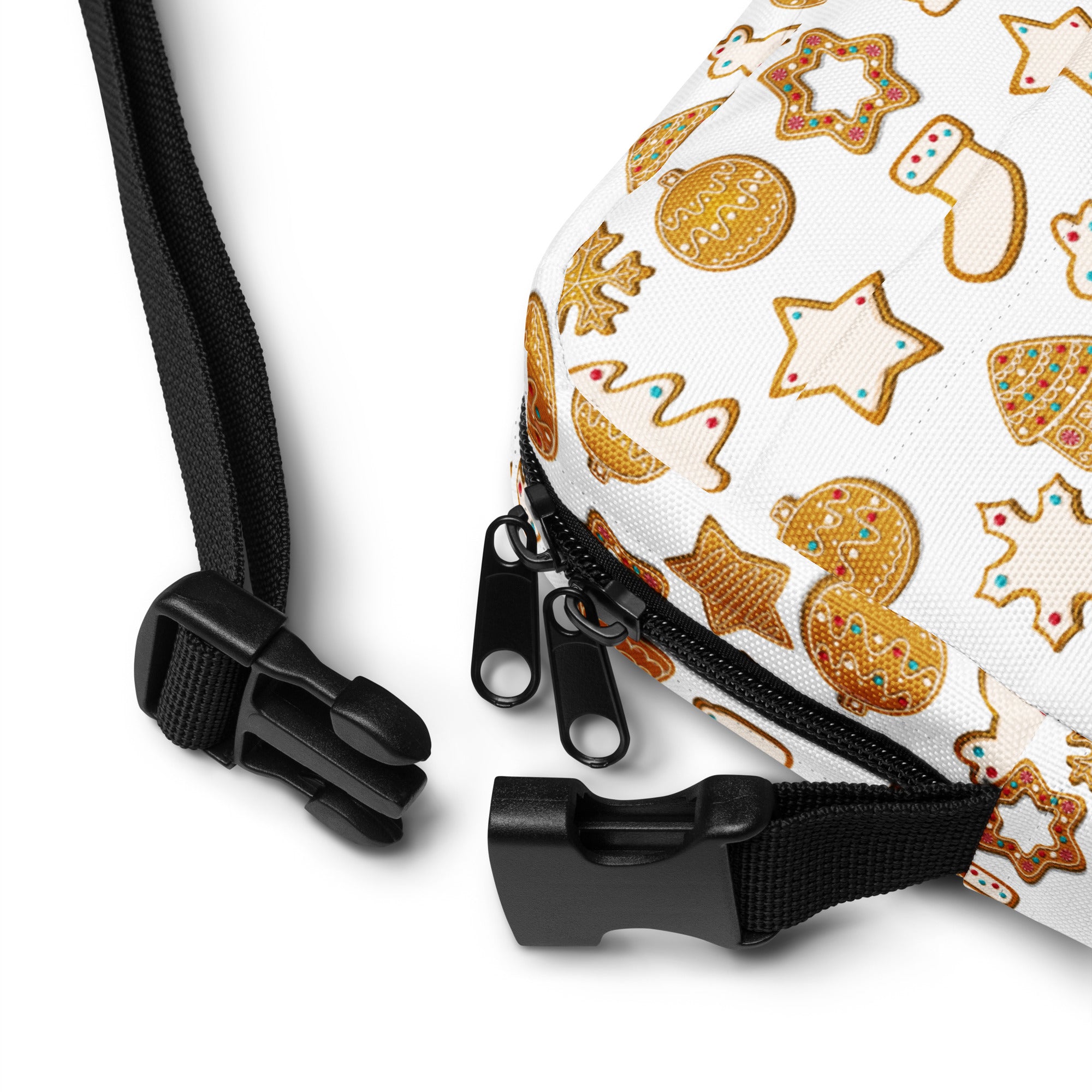 White crossbody purse with gold gingerbread cookies festive pattern and colorful sprinkles for women