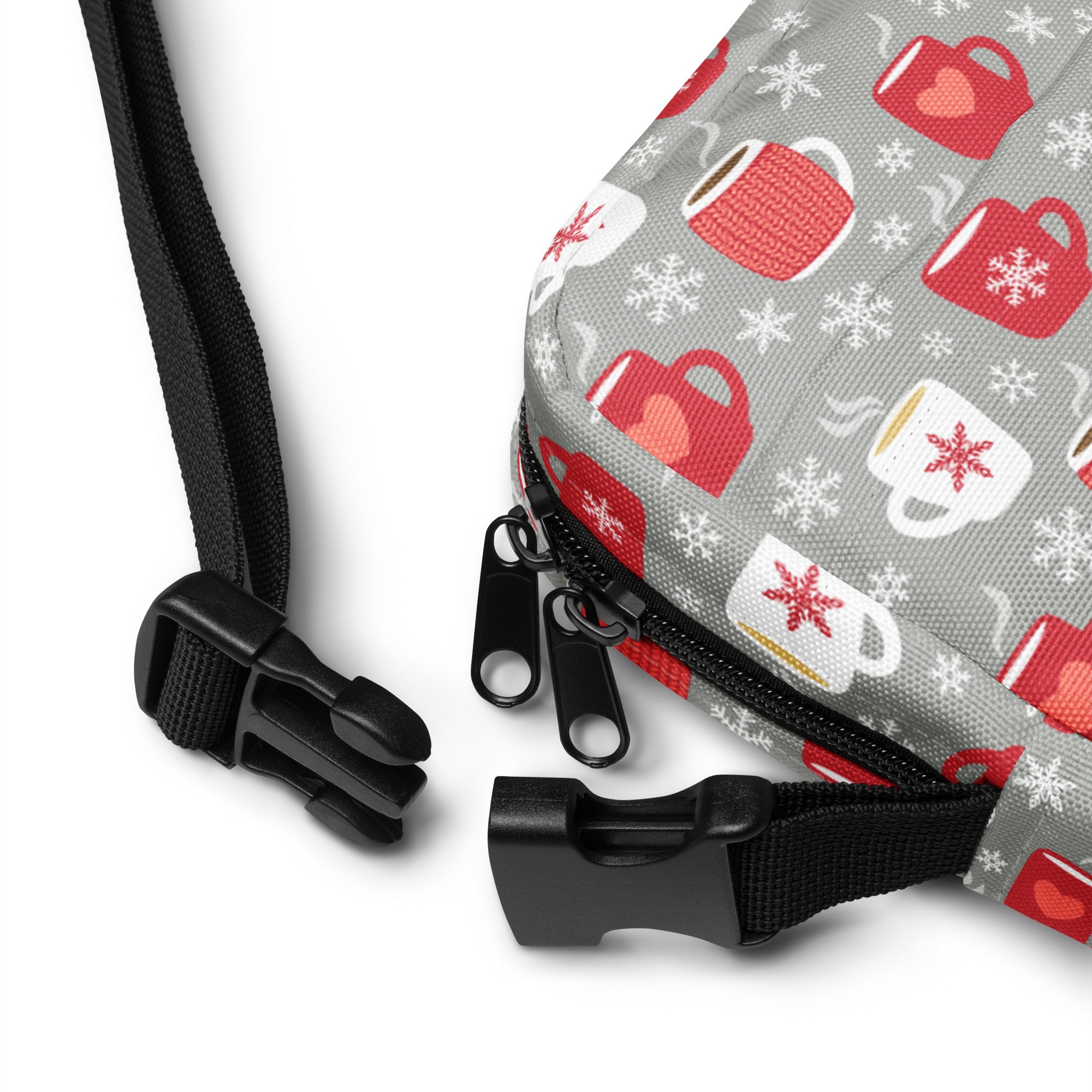 Gray girls hot cocoa mugs crossbody purse with festive red and white coffee mugs snowflakes black zippers adjustable straps