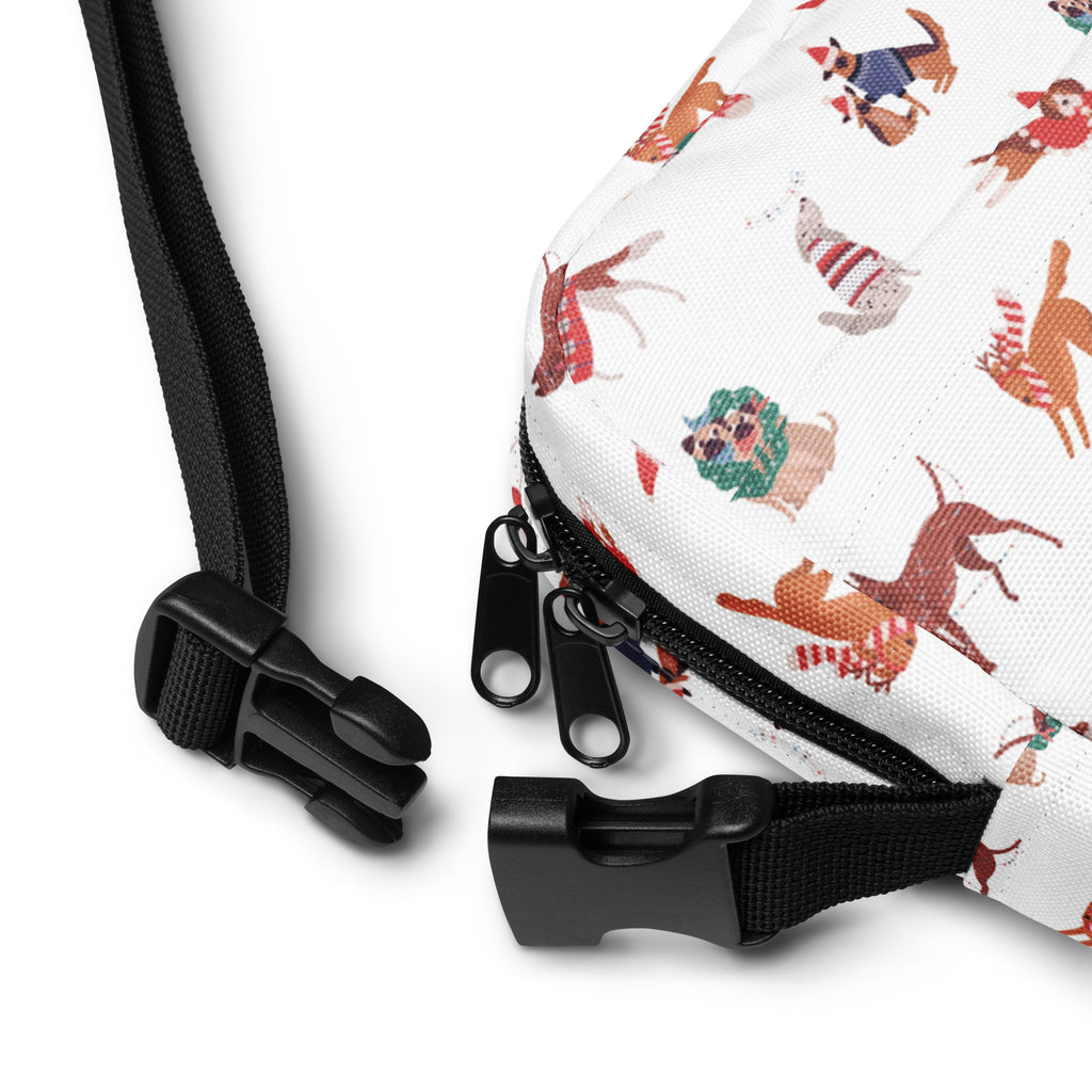 Girls christmas dogs crossbody purse white with cartoon dog pattern festive holiday attire black zippers adjustable straps