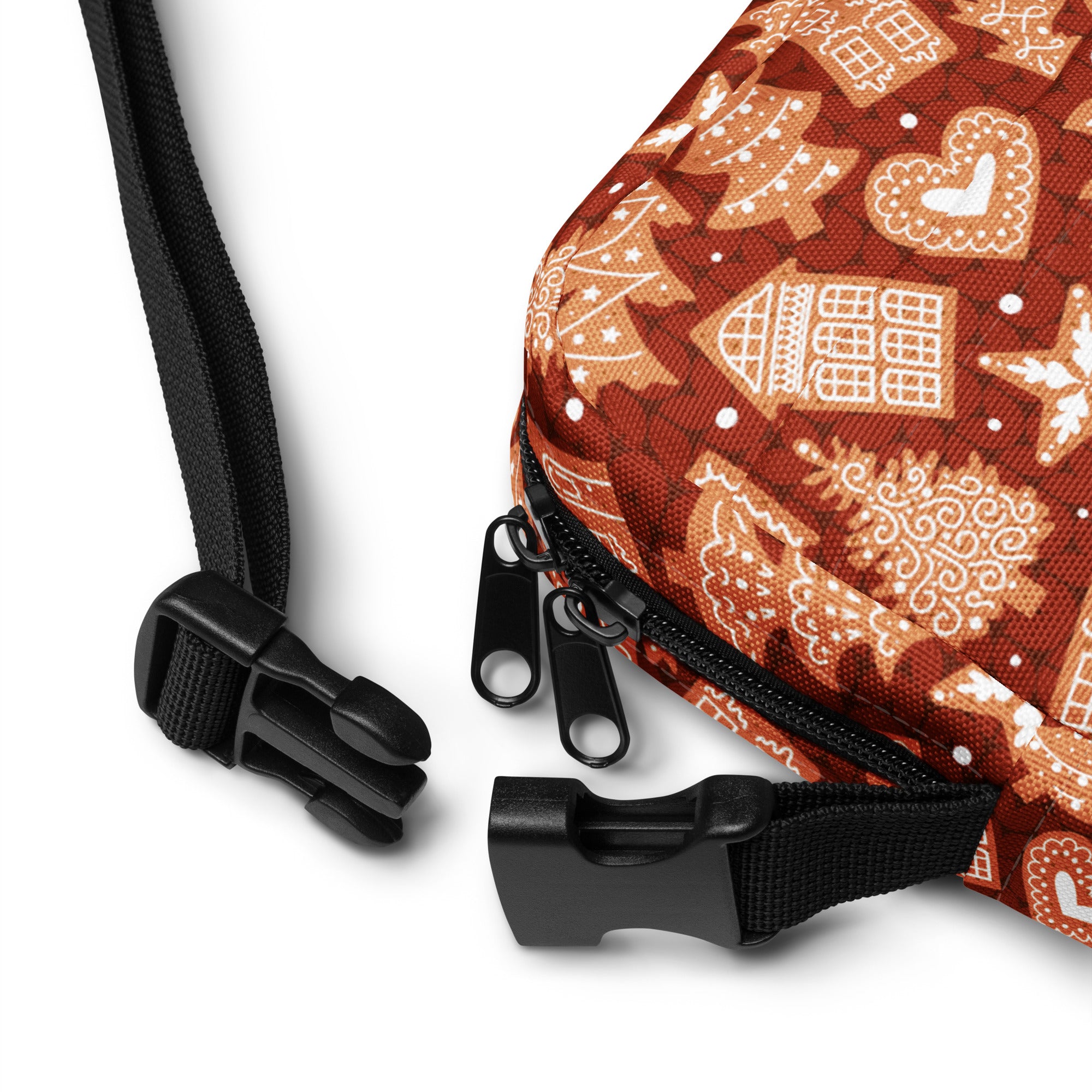 Girls red gingerbread Christmas crossbody purse with festive red and beige drawstring bag featuring gingerbread house designs