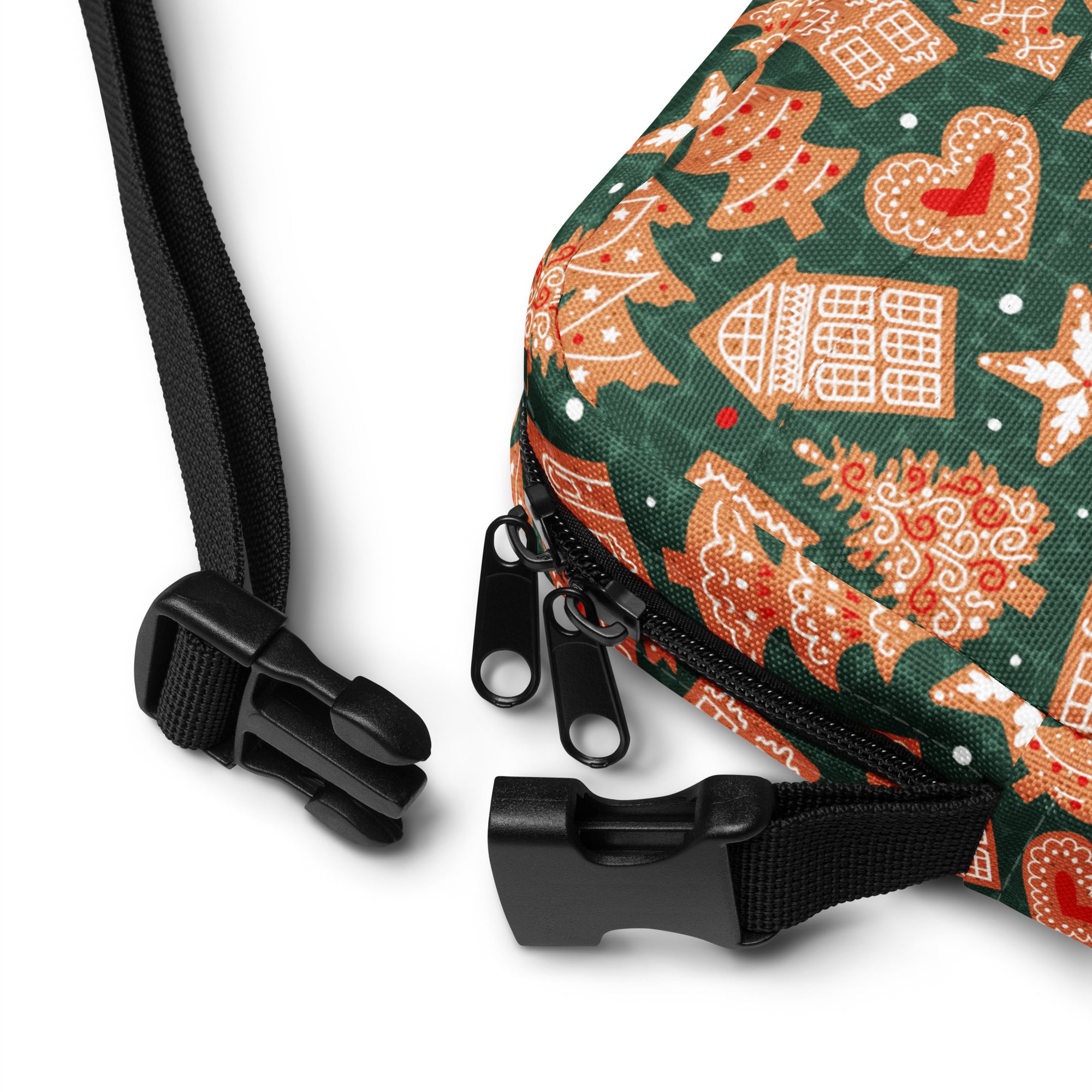 Green festive fabric crossbody bag with gingerbread house and cookie pattern in orange white and red for women
