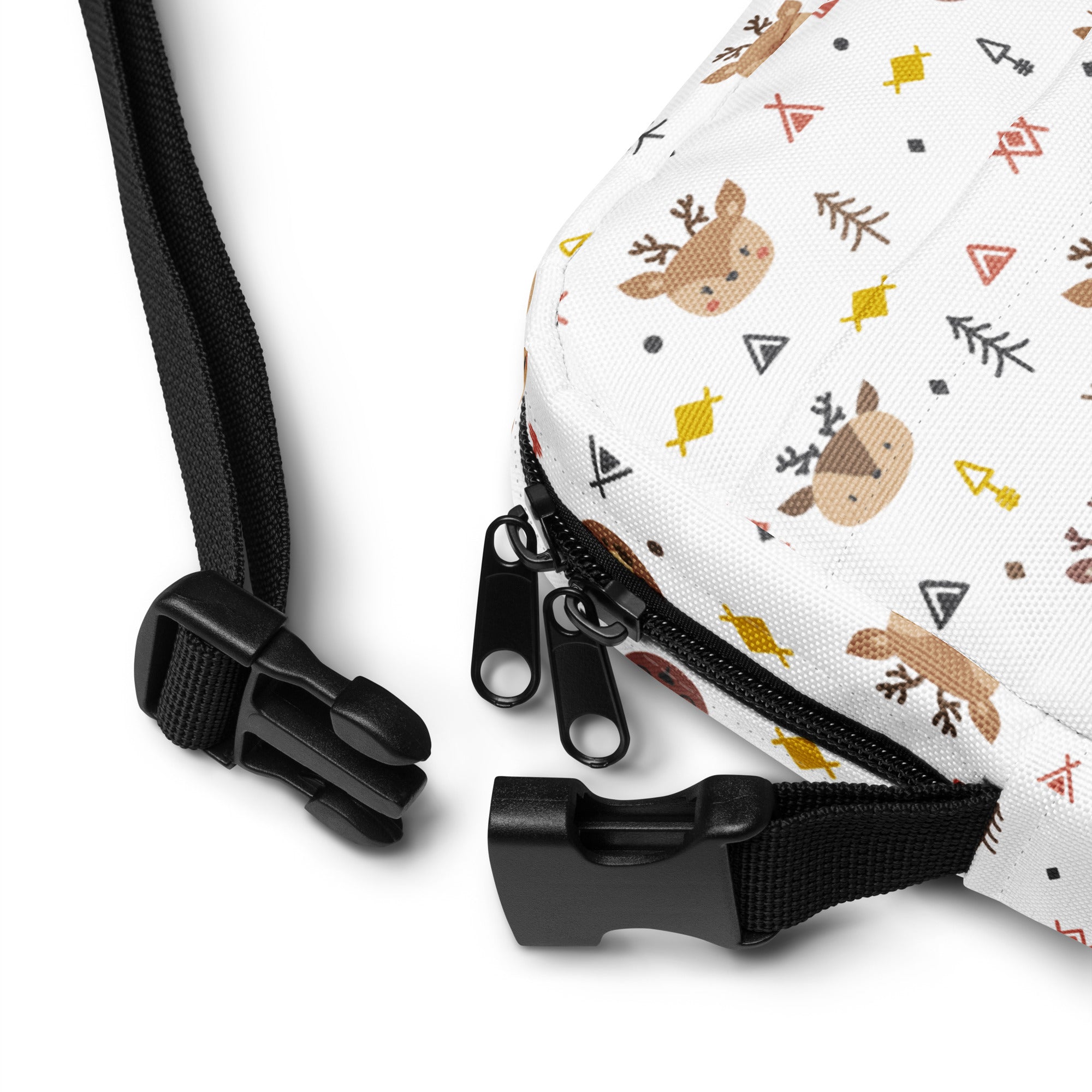 White canvas reindeer Christmas women’s crossbody purse with playful brown deer yellow fish and geometric pattern