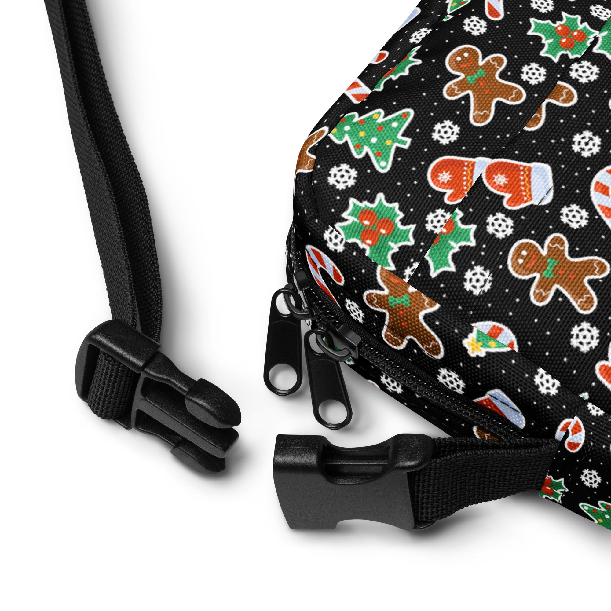 Black fabric girls gingerbread candy cane christmas crossbody purse with festive holiday print of cookies and trees