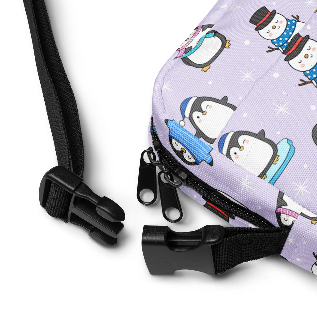 Girls winter penguin crossbody purse lavender drawstring bag with cartoon penguin pattern black zippers and straps