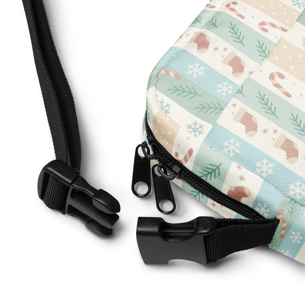 Pastel christmas stripes women’s crossbody purse with festive patchwork mint beige blush woven fabric and holiday motifs