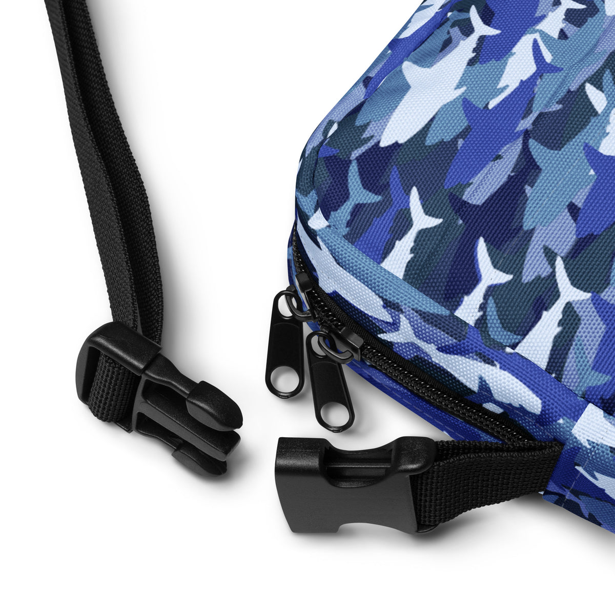 Blue Shark Camouflage Crossbody Bag – Water Resistant Mini Purse With Adjustable Strap & Pockets
