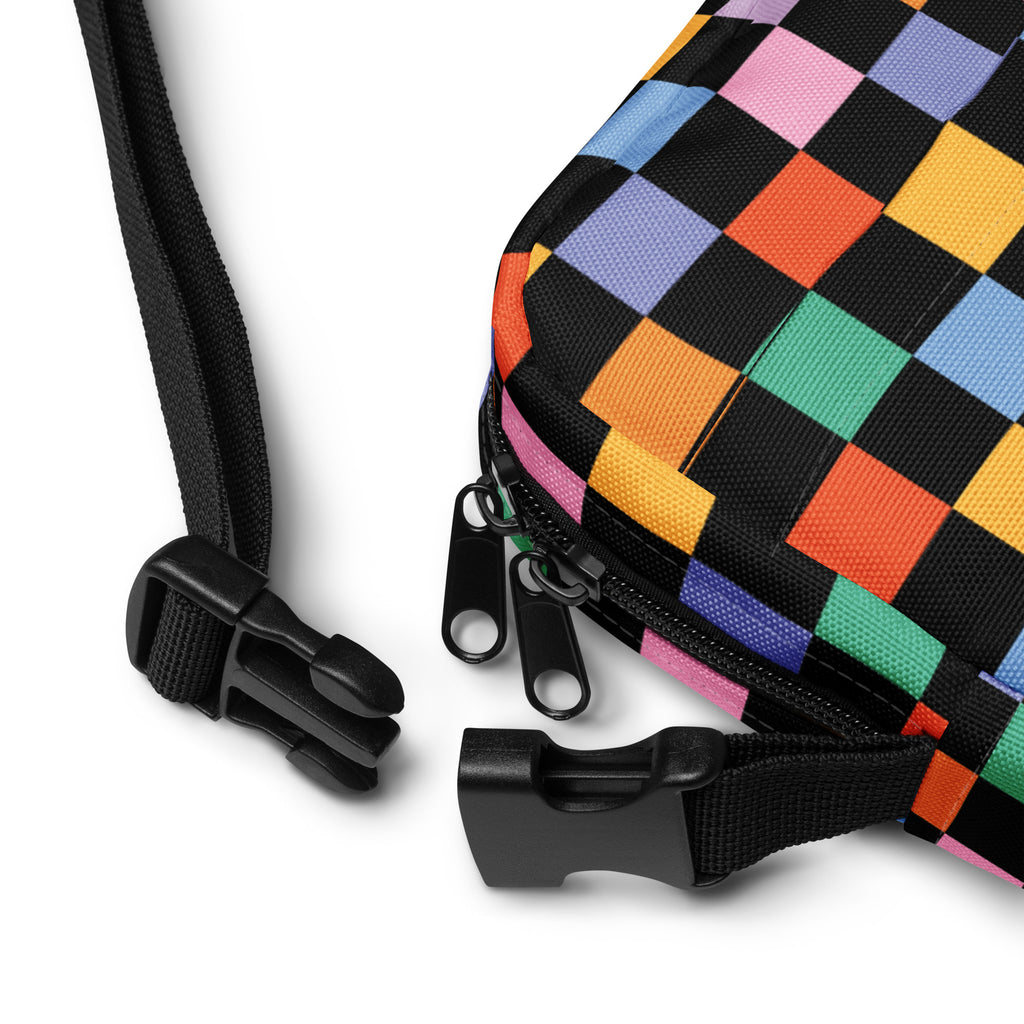 Black Rainbow Checkered Crossbody Bag – Water Resistant Mini Purse With Adjustable Strap & Pockets