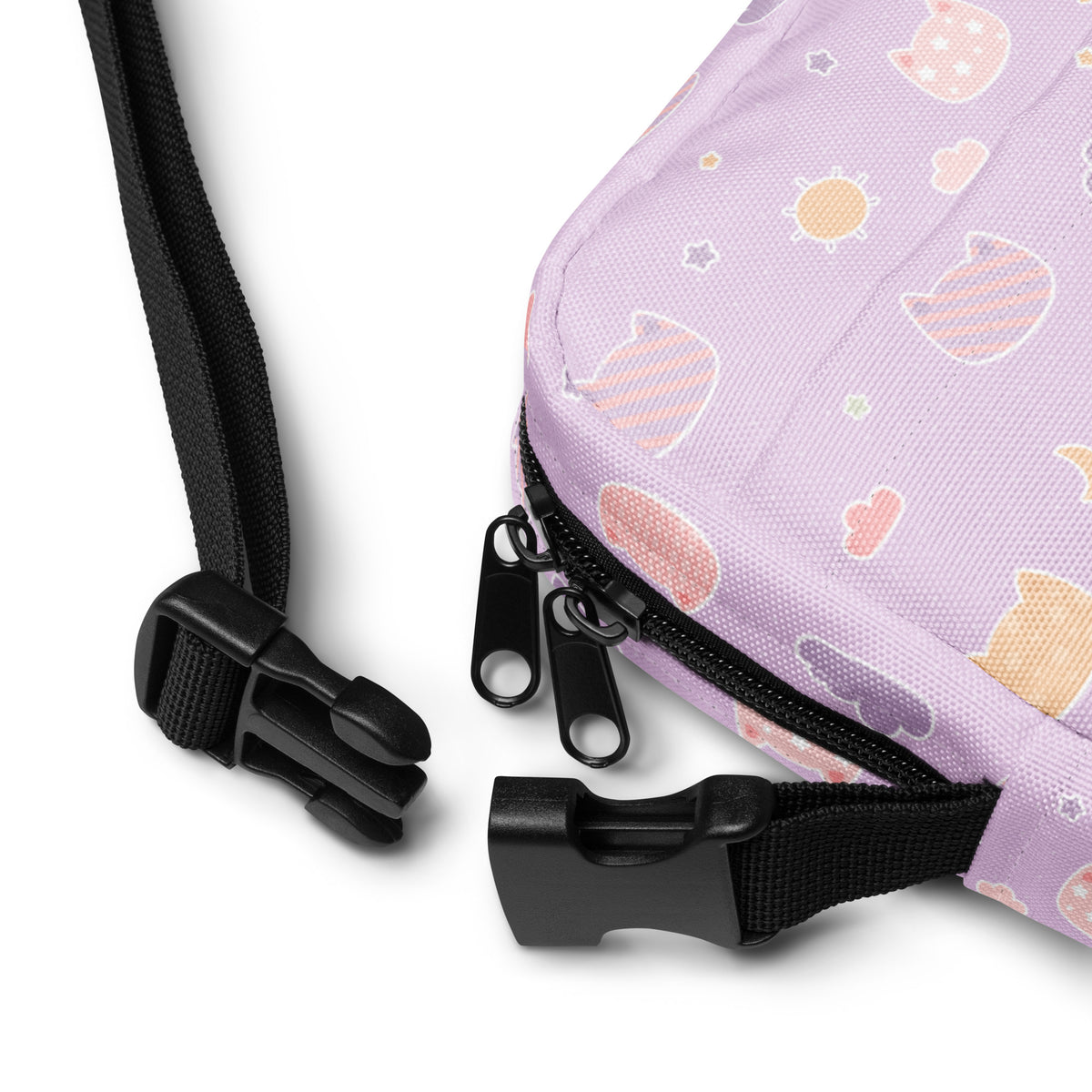 Pastel Purple Kawaii Cats & Clouds Crossbody Bag – Water Resistant Mini Purse With Adjustable Strap & Pockets