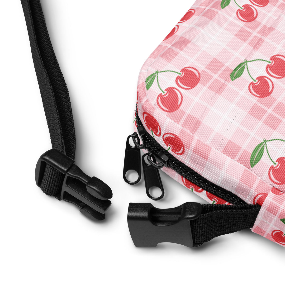 Pink Cherry Gingham Crossbody Bag – Water Resistant Mini Purse With Adjustable Strap & Pockets