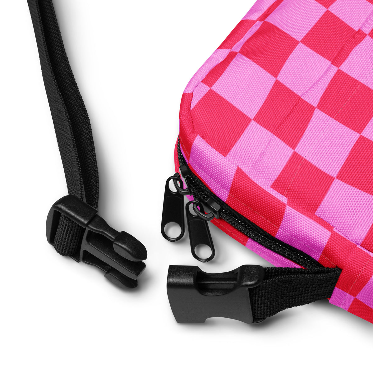 Bright Pink Checkered Crossbody Bag – Water Resistant Mini Purse With Adjustable Strap & Pockets