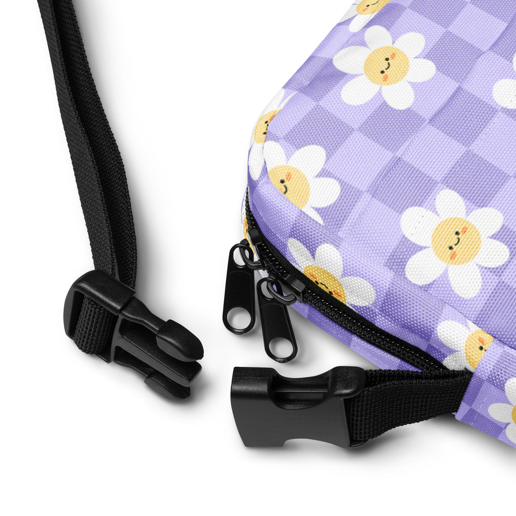 Purple Daisy Checkered Crossbody Bag – Water Resistant Mini Purse With Adjustable Strap & Pockets