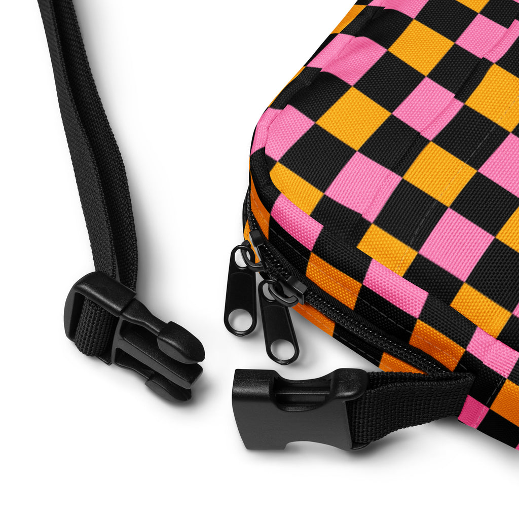Pink & Orange Checkered Halloween Crossbody Bag – Water Resistant Mini Purse With Adjustable Strap & Pockets