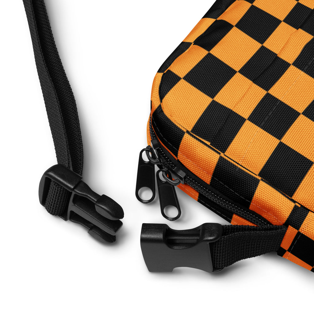Orange Checkered Halloween Crossbody Bag – Water Resistant Mini Purse With Adjustable Strap & Pockets