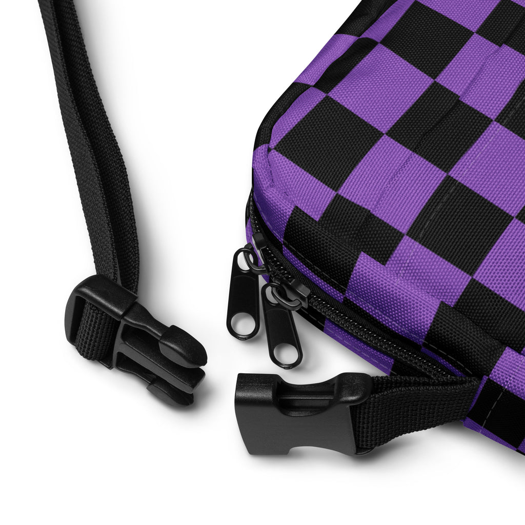 Purple Checkered Halloween Crossbody Bag – Water Resistant Mini Purse With Adjustable Strap & Pockets