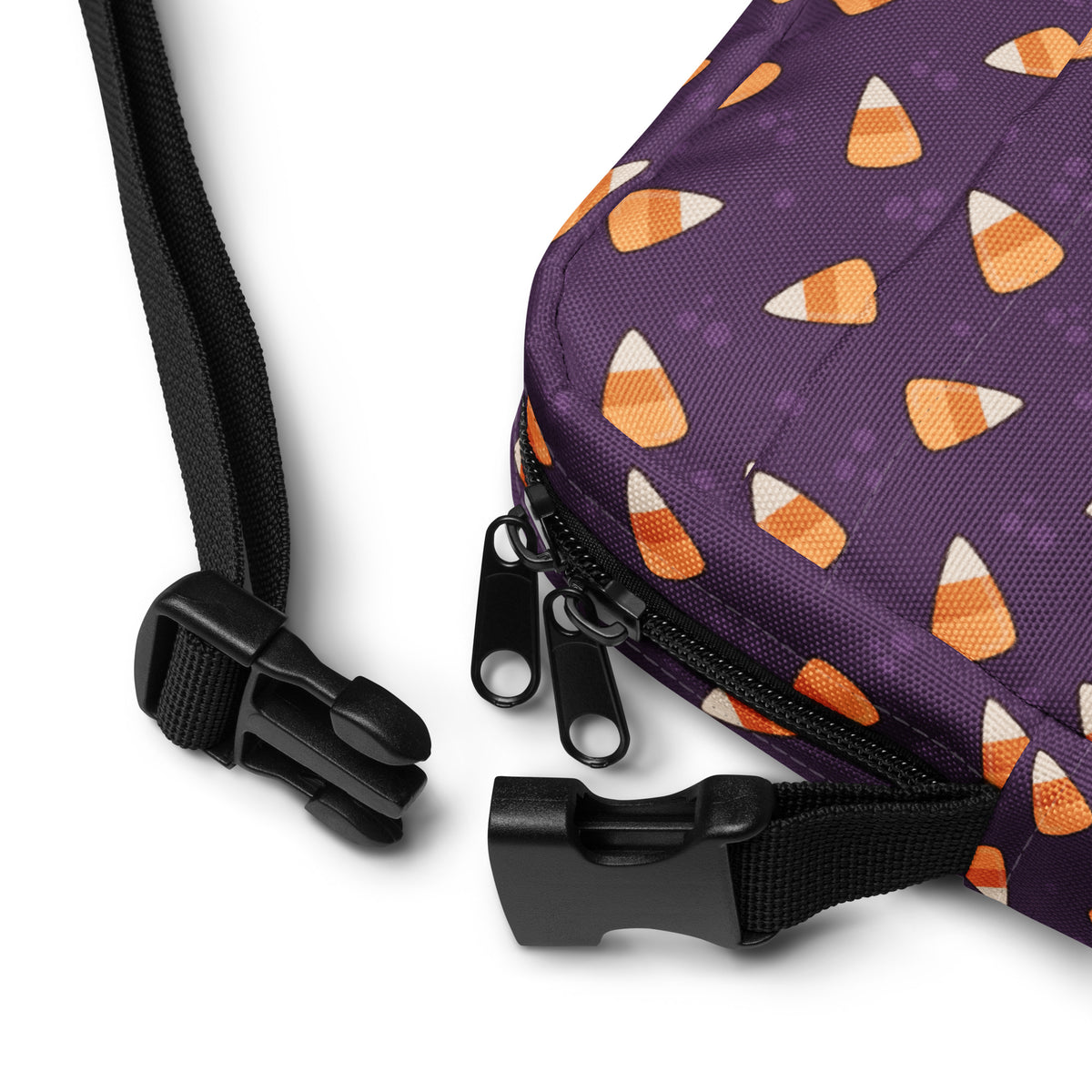 Purple Candy Corn Halloween Crossbody Bag – Water Resistant Mini Purse With Adjustable Strap & Pockets
