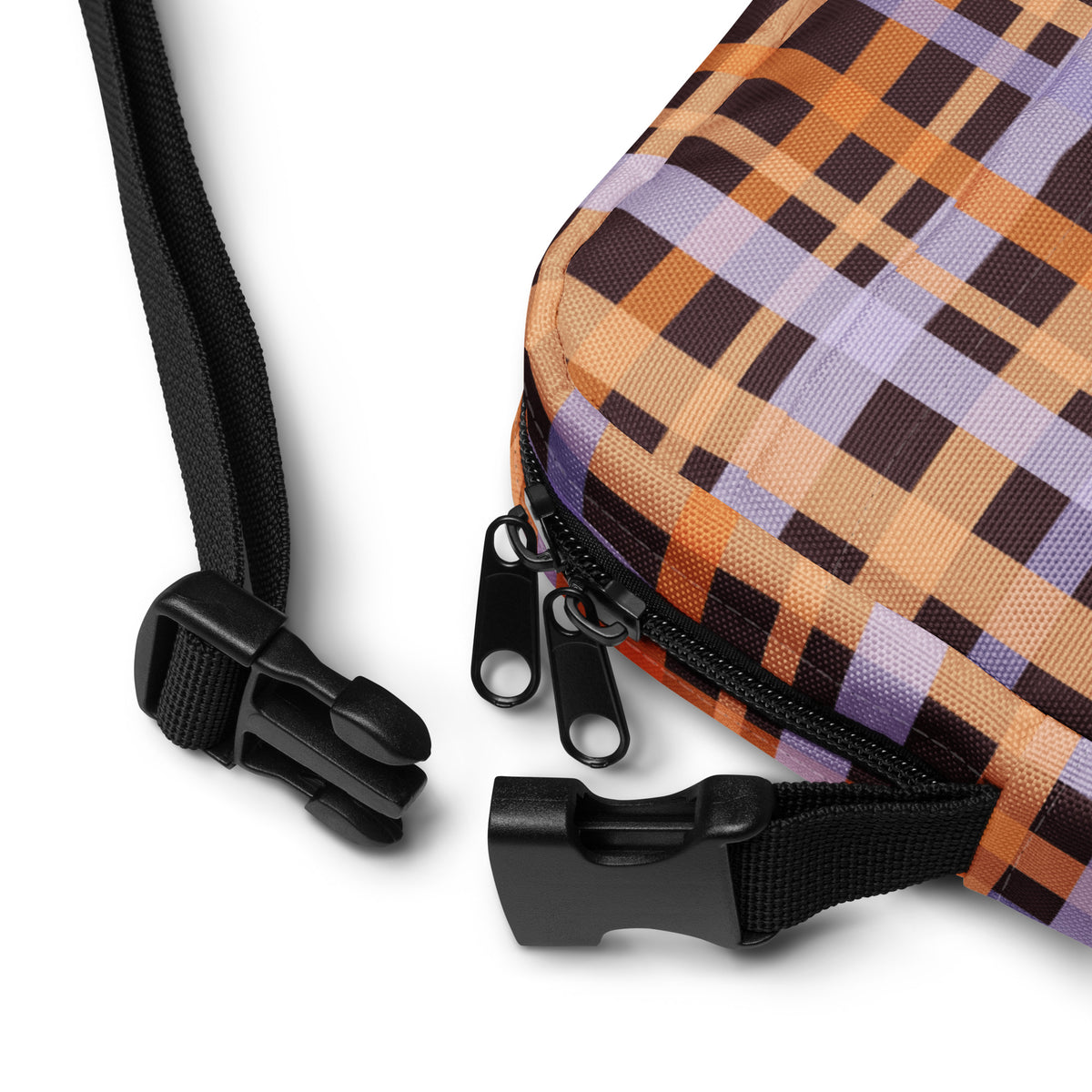 Orange & Purple Plaid Halloween Crossbody Bag – Water Resistant Mini Purse With Adjustable Strap & Pockets