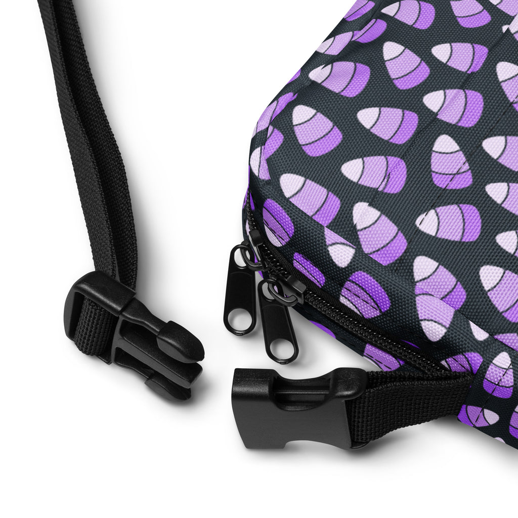 Purple Candy Corn Halloween Crossbody Bag – Water Resistant Mini Purse With Adjustable Strap & Pockets