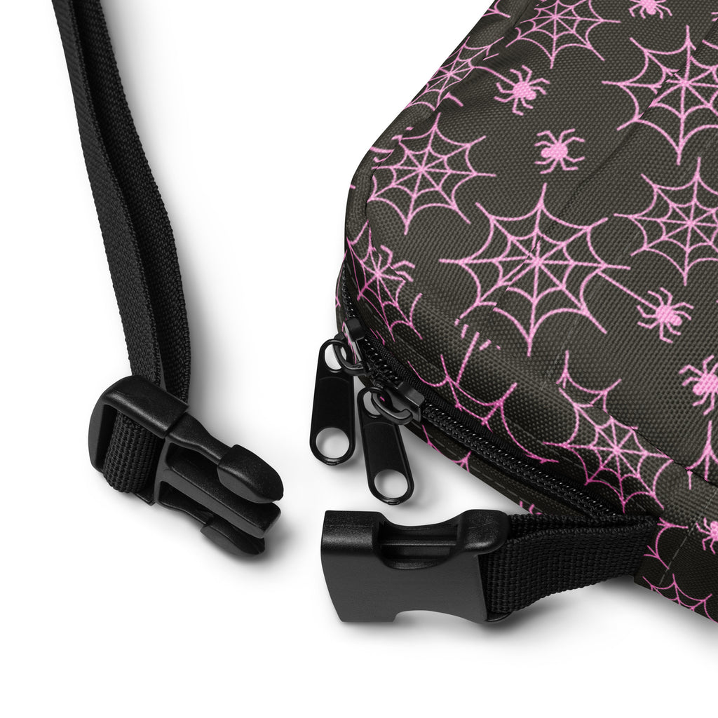 Pink Spider Web Halloween Crossbody Bag – Water Resistant Mini Purse With Adjustable Strap & Pockets