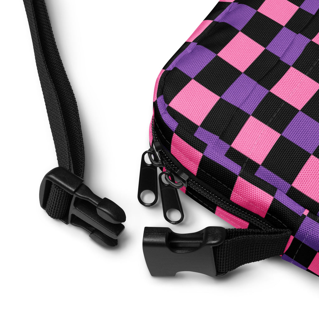 Pink & Purple Checkered Halloween Crossbody Bag – Water Resistant Mini Purse With Adjustable Strap & Pockets