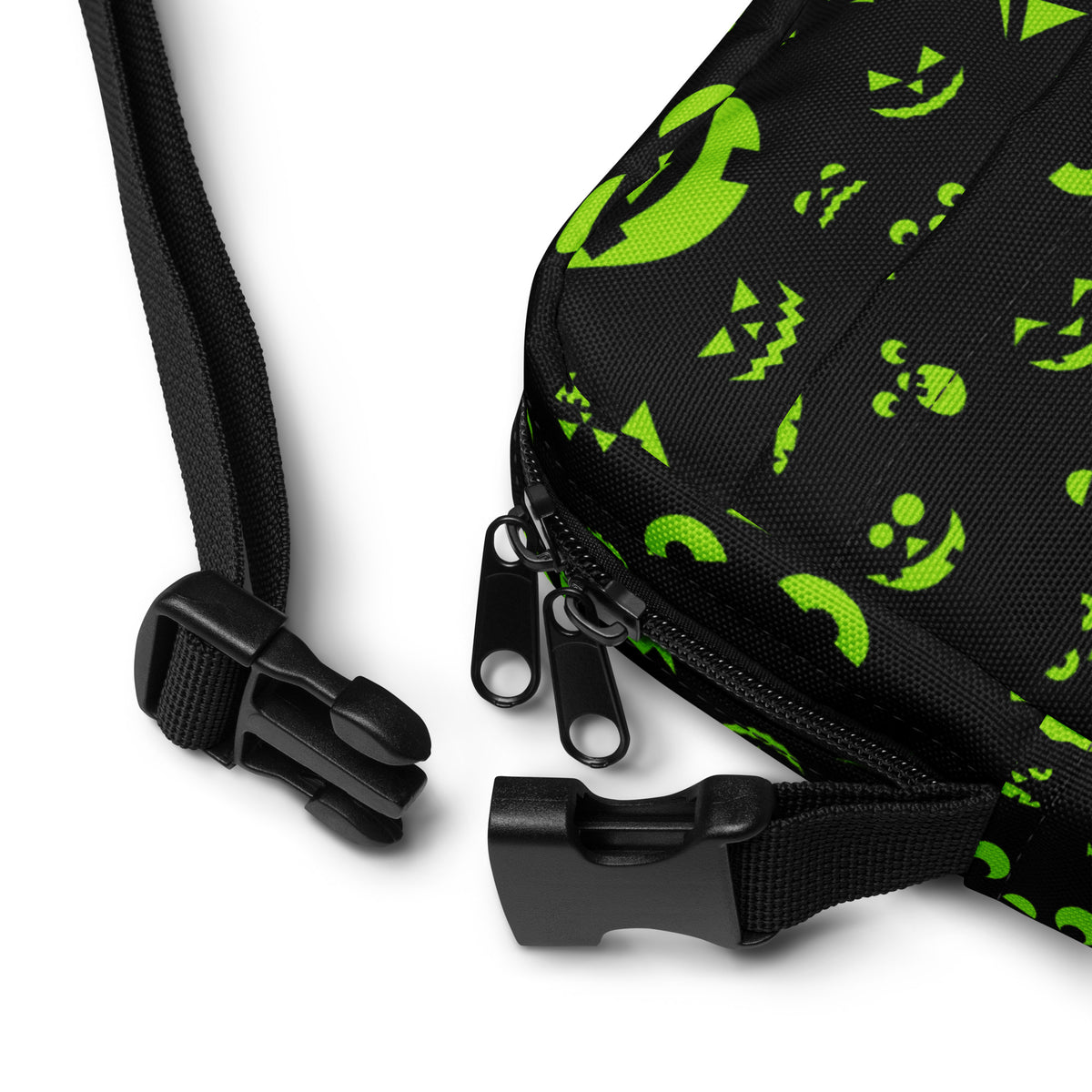 Green Jack O Lantern Faces Halloween Crossbody Bag – Water Resistant Mini Purse With Adjustable Strap & Pockets