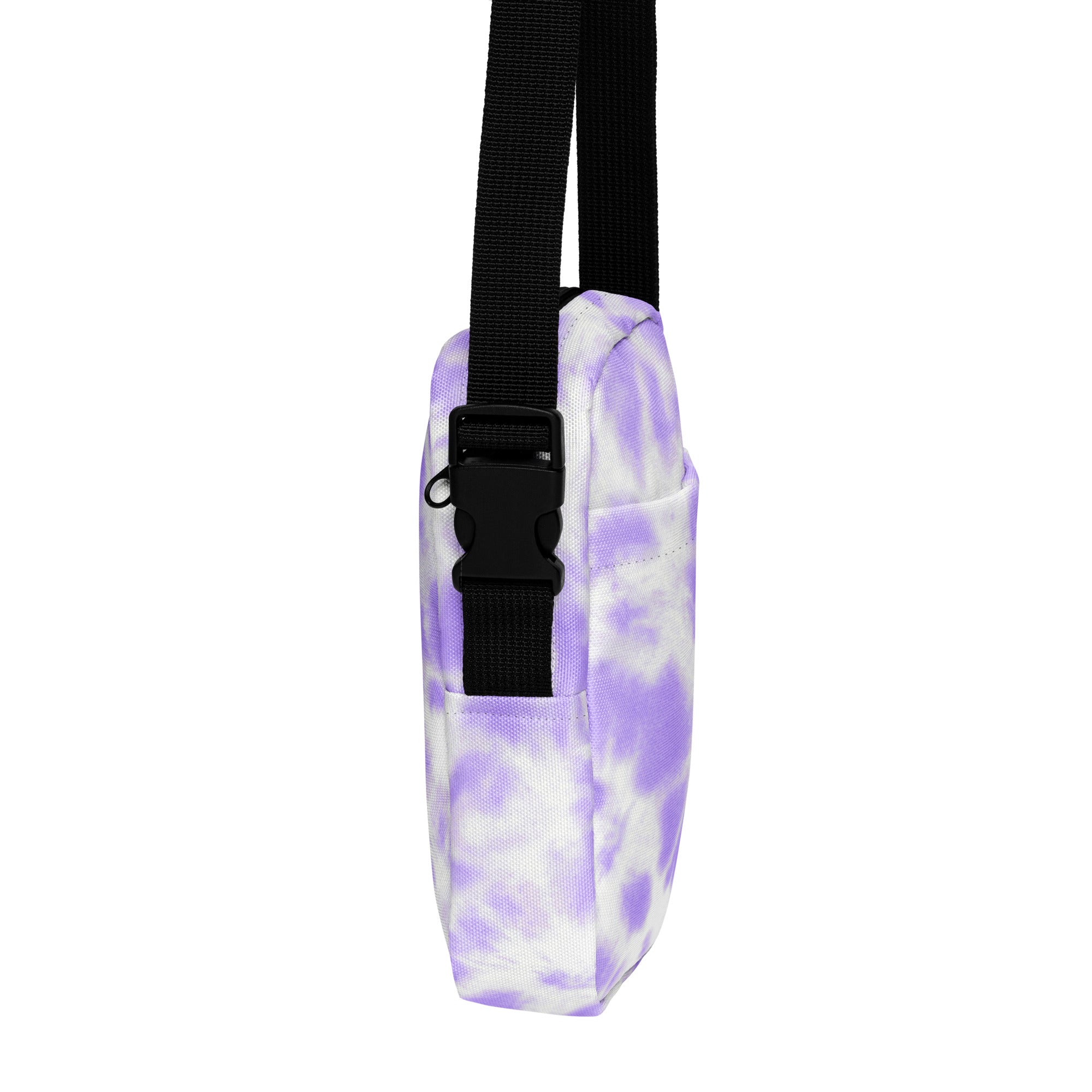 Girls faux purple tie dye crossbody purse with purple and white pattern and black adjustable strap for casual use