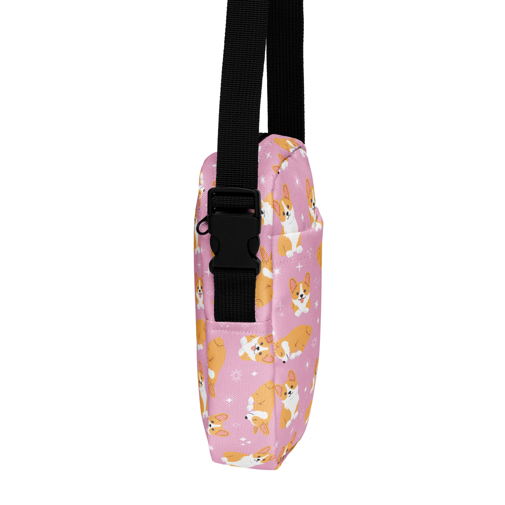 Girls pink fabric crossbody purse with repeating cartoon corgi and white star pattern for kids