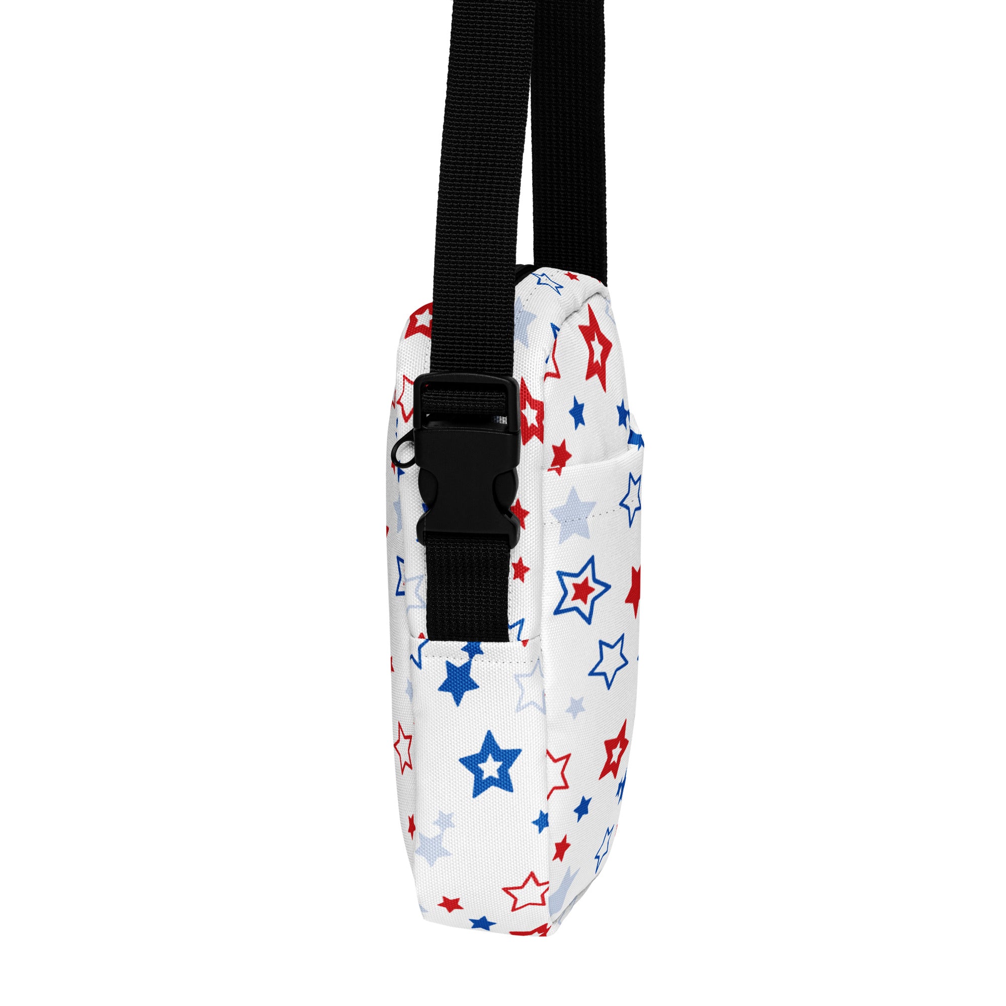 White fabric crossbody bag with red white and blue star pattern for girls casual use